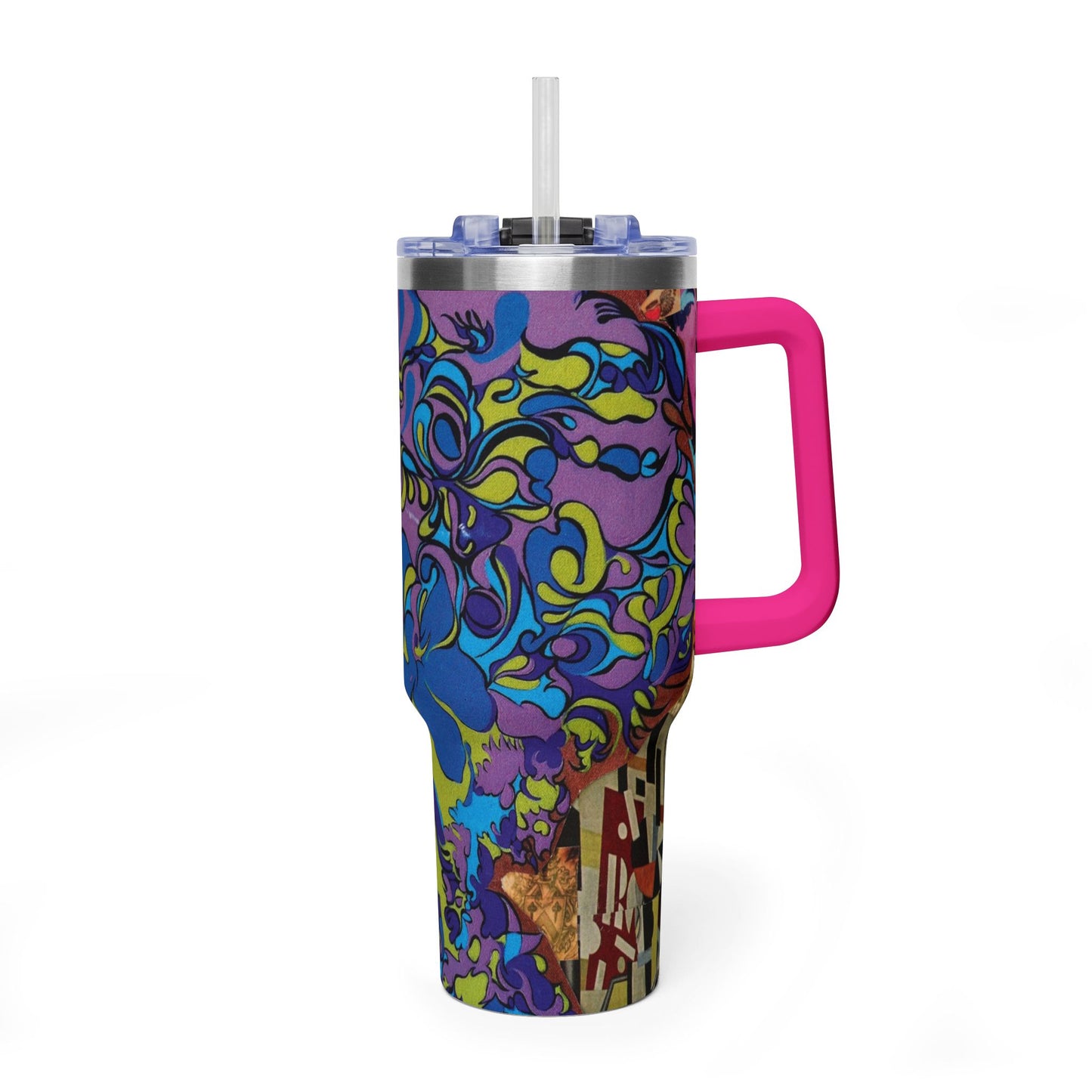 Majesty Collage Artwork 40oz Floral Psychedelic Tumbler - Colorful Retro Flower Vacuum Insulated Cup