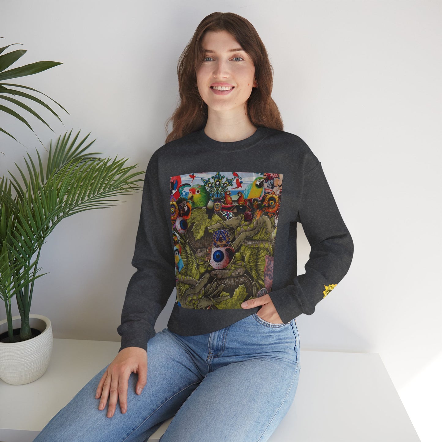 Apoda Surreal Parrot Garden Collage Sweatshirt — Psychedelic Bird Collage Crewneck