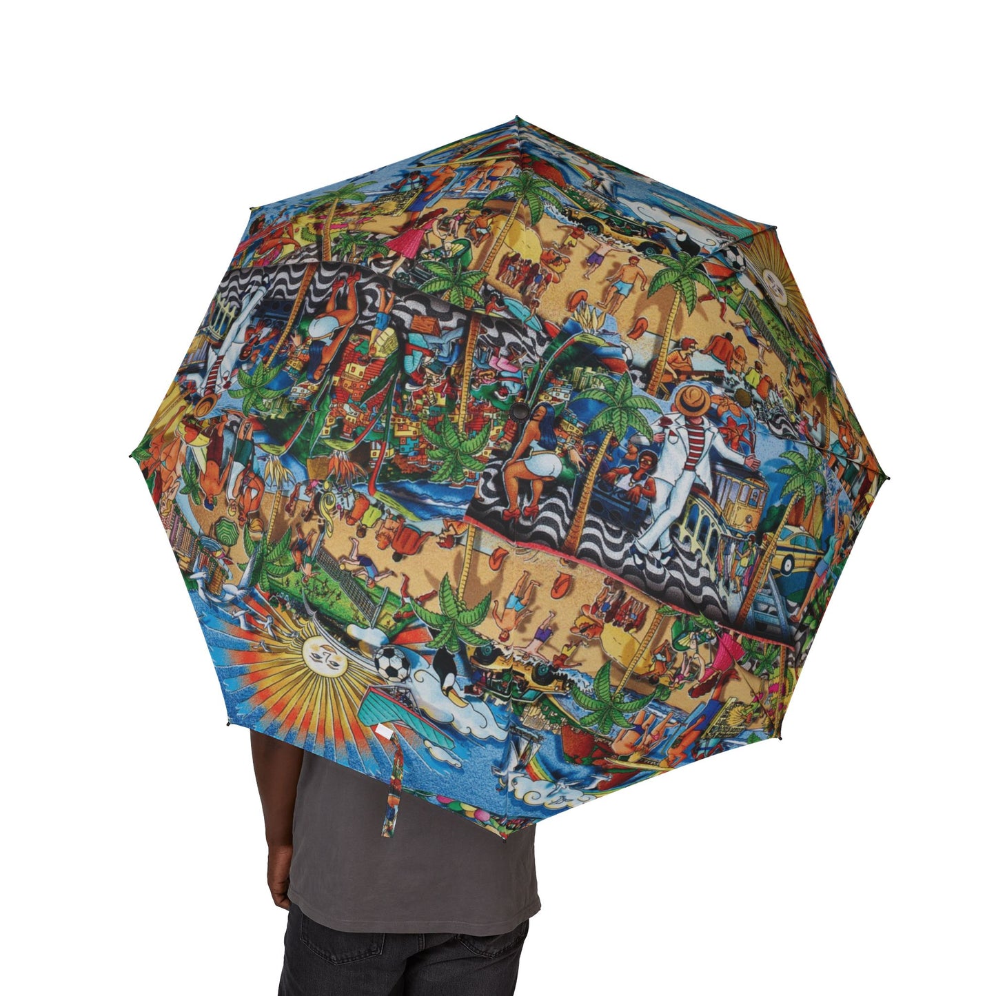 Florida Collage Artwork Tropical Beach Print Foldable Umbrella — Semi-Automatic Compact Travel Umbrella