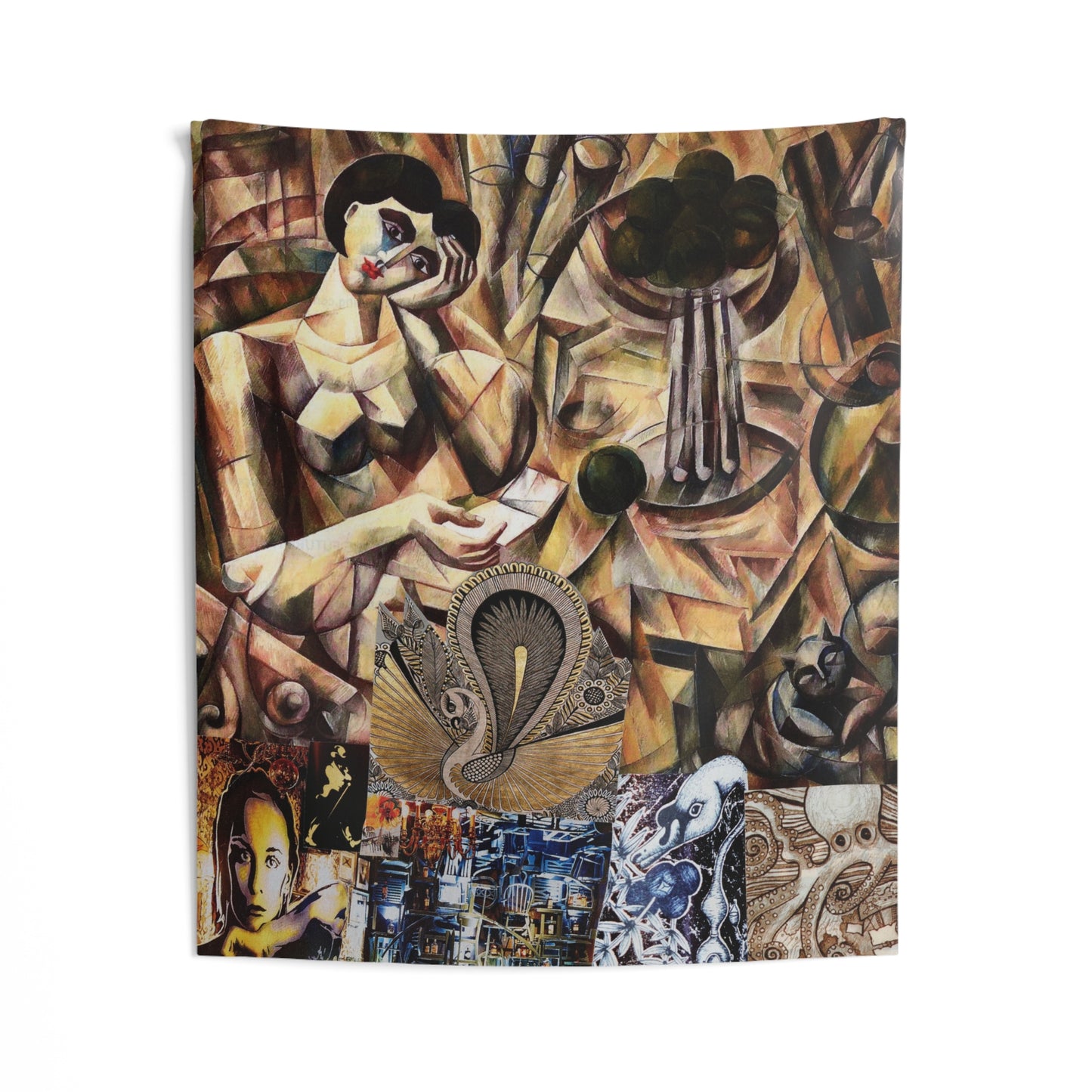 Margo Collage Artwork Abstract Cubist Wall Tapestry — Vintage Portrait & Geometric Collage Art