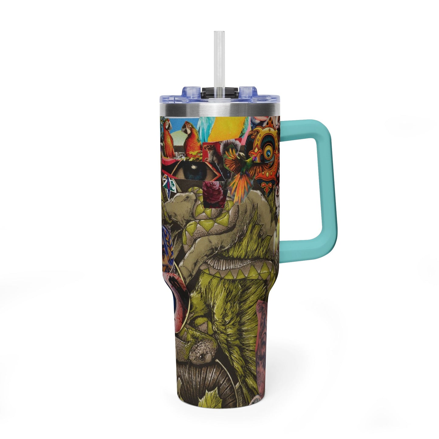 Apoda Collage Artwork 40oz Vacuum Tumbler — Colorful Parrot & Surreal Eye Art Travel Mug
