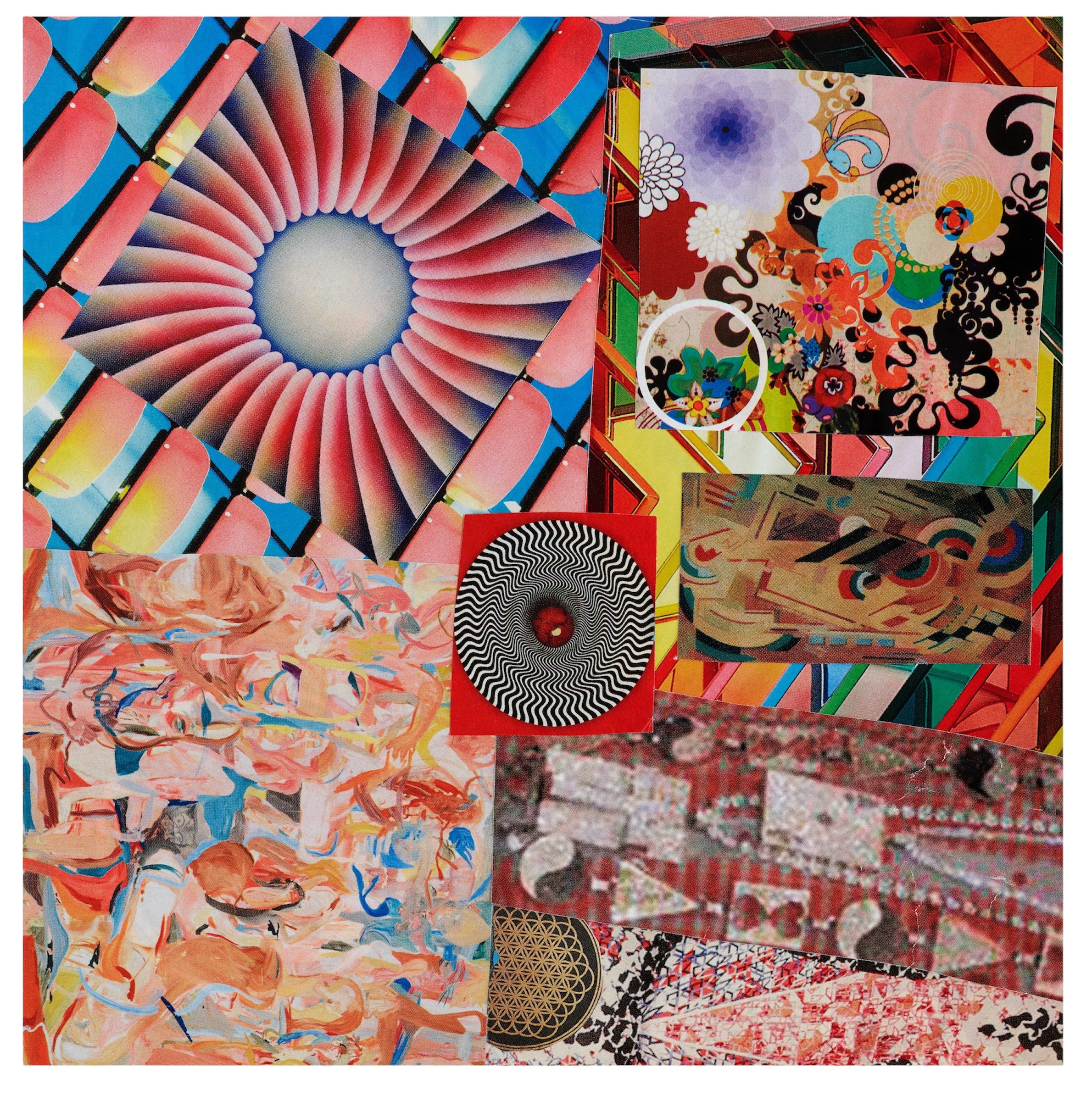 Collage of various abstract artworks with vibrant colors and patterns.