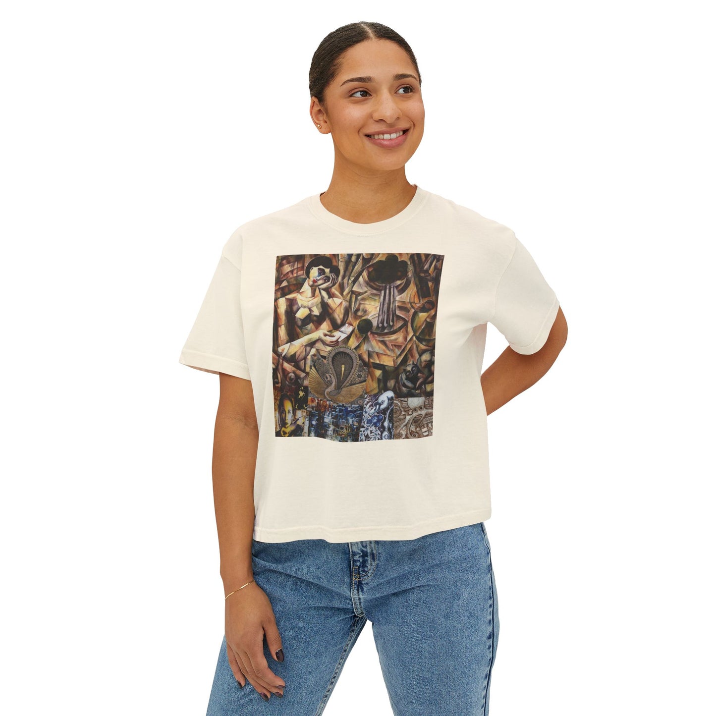 Margo Women’s Boxy Tee — Abstract Collage Art Square Print