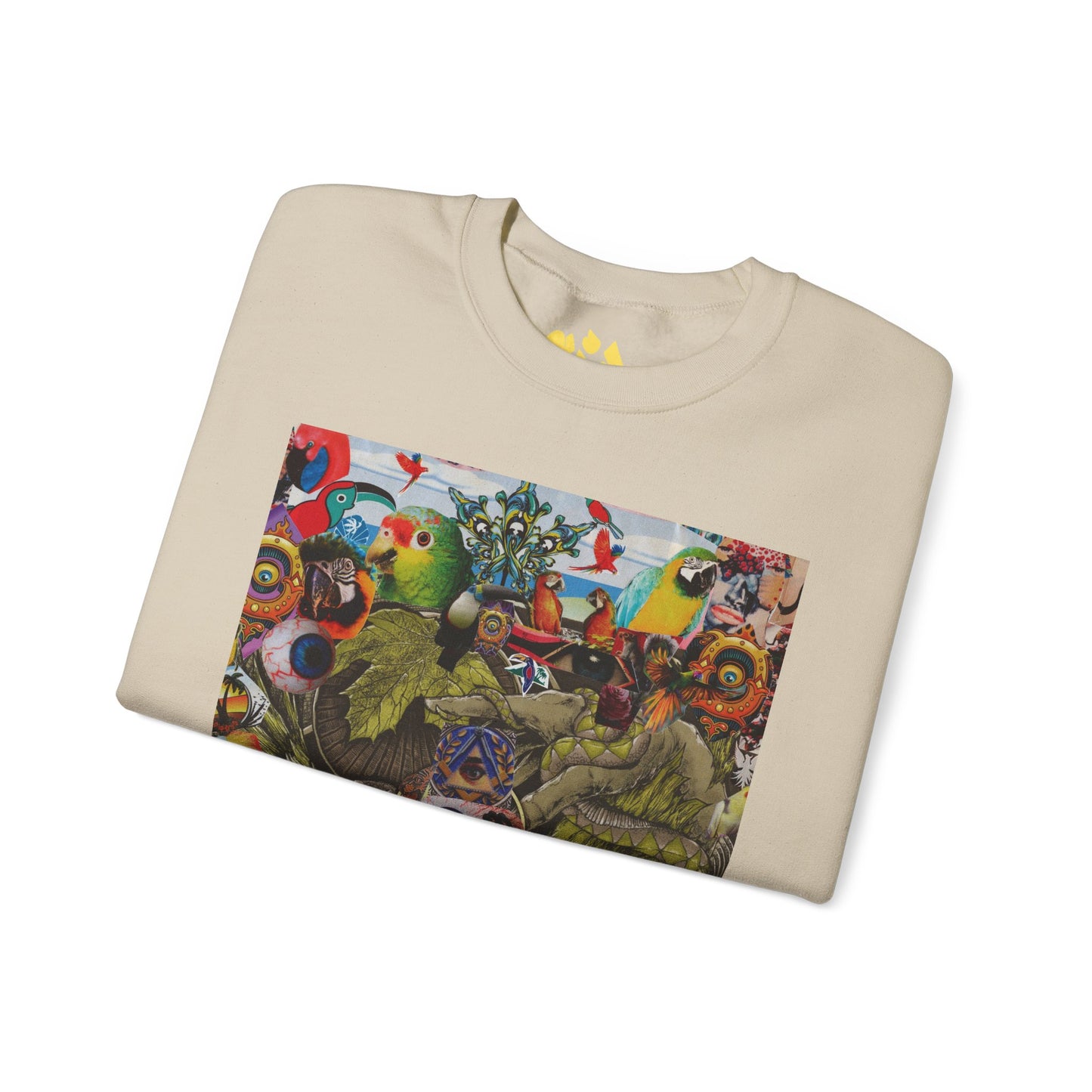 Apoda Surreal Parrot Garden Collage Sweatshirt — Psychedelic Bird Collage Crewneck