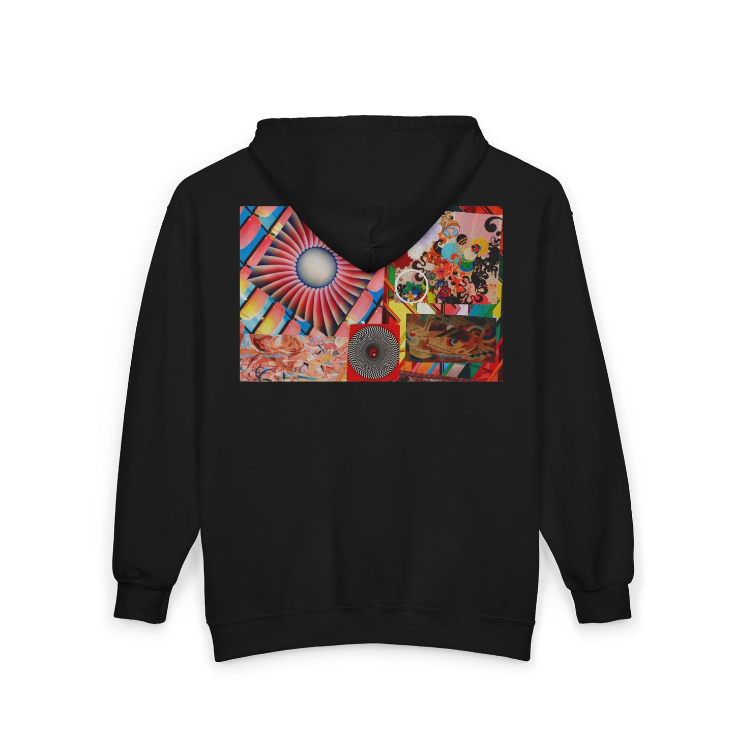 Psychedelic Collage Zip Hoodie — Retro Sunburst & Abstract Art Back Print