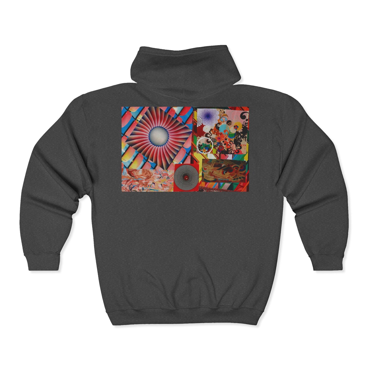 Psychedelic Collage Zip Hoodie — Retro Sunburst & Abstract Art Back Print