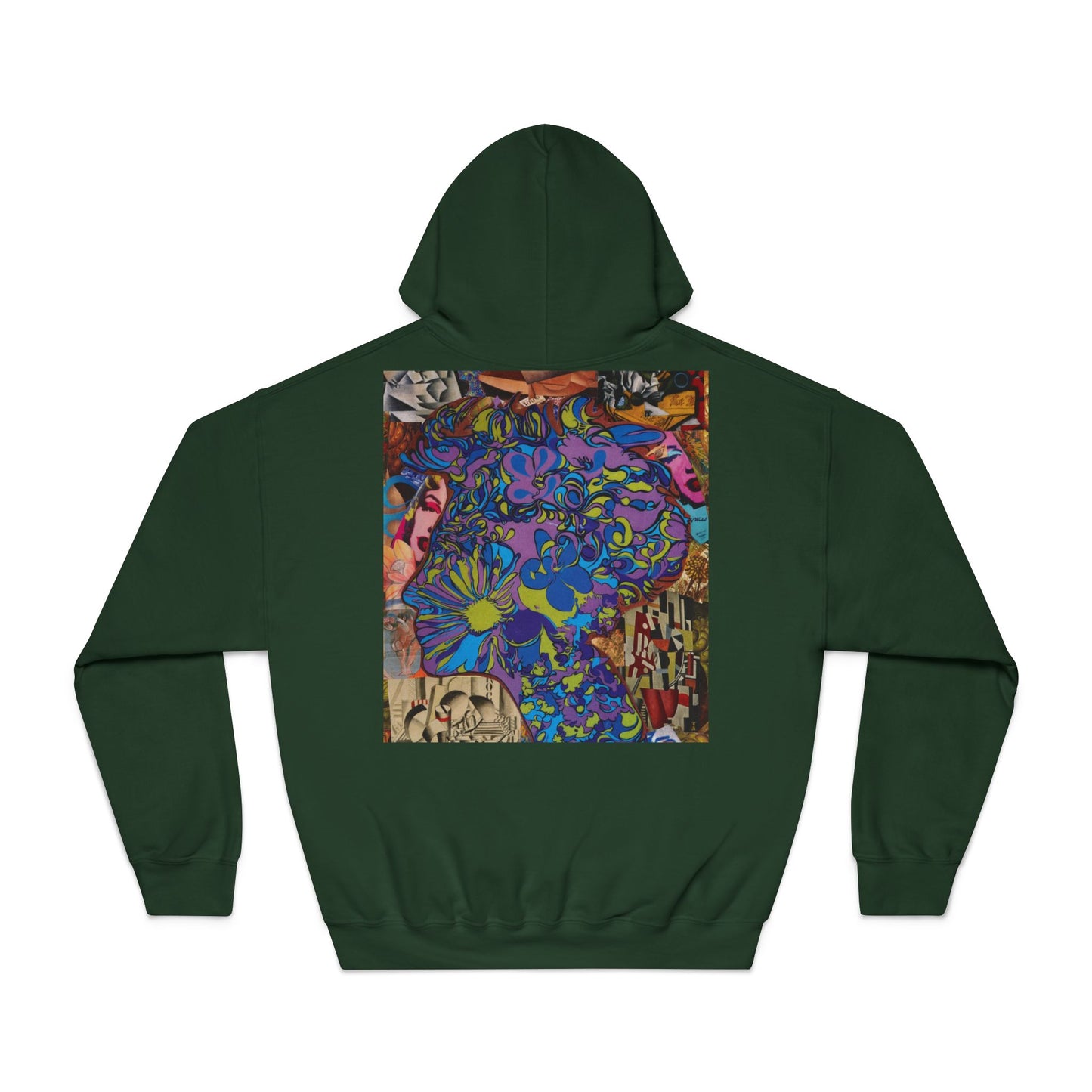 Psychedelic Floral Art Hoodie - Vibrant Blue Flower Collage Back Print