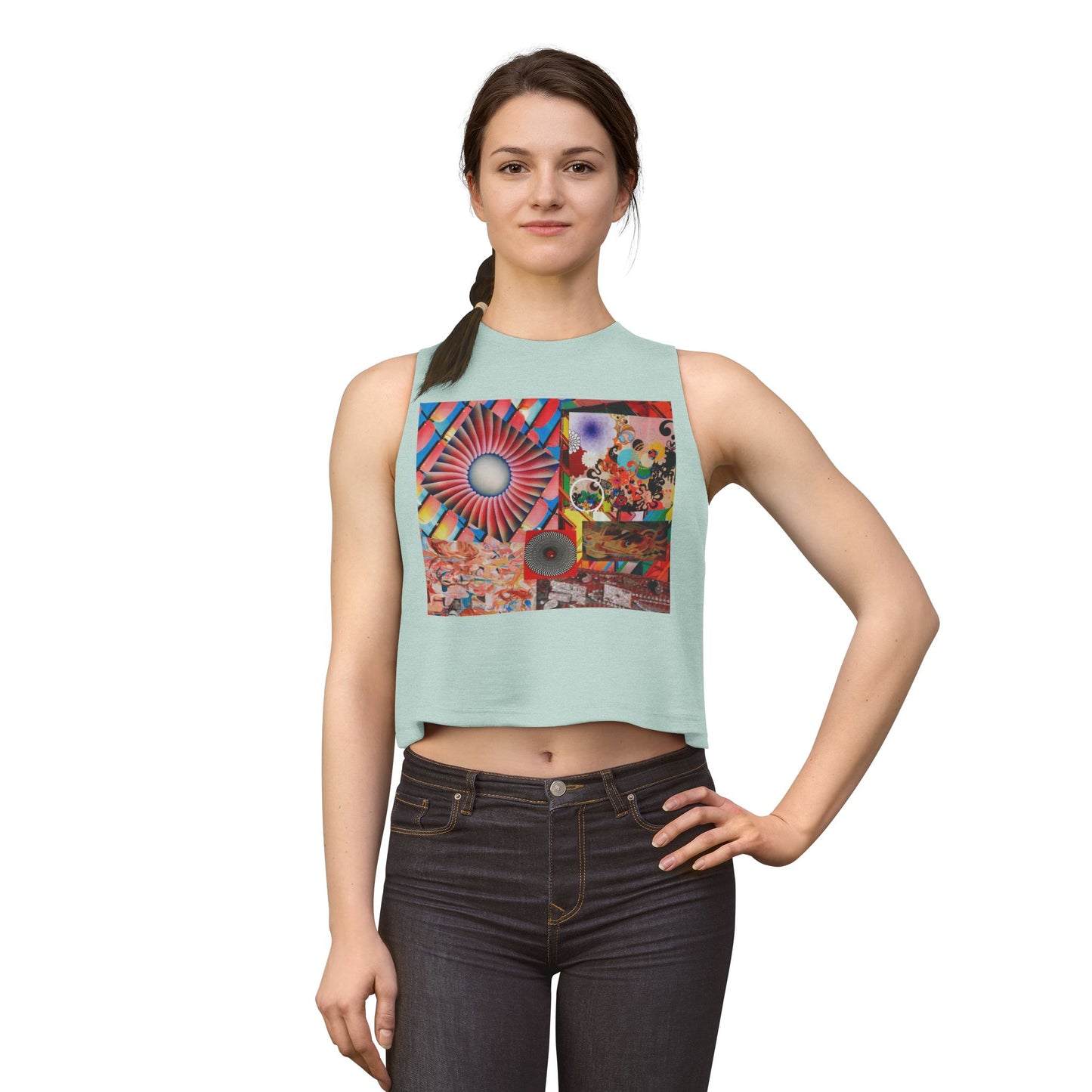 Tempest Psychedelic Collage Crop Top — Retro Sunburst Graphic Women's Tank