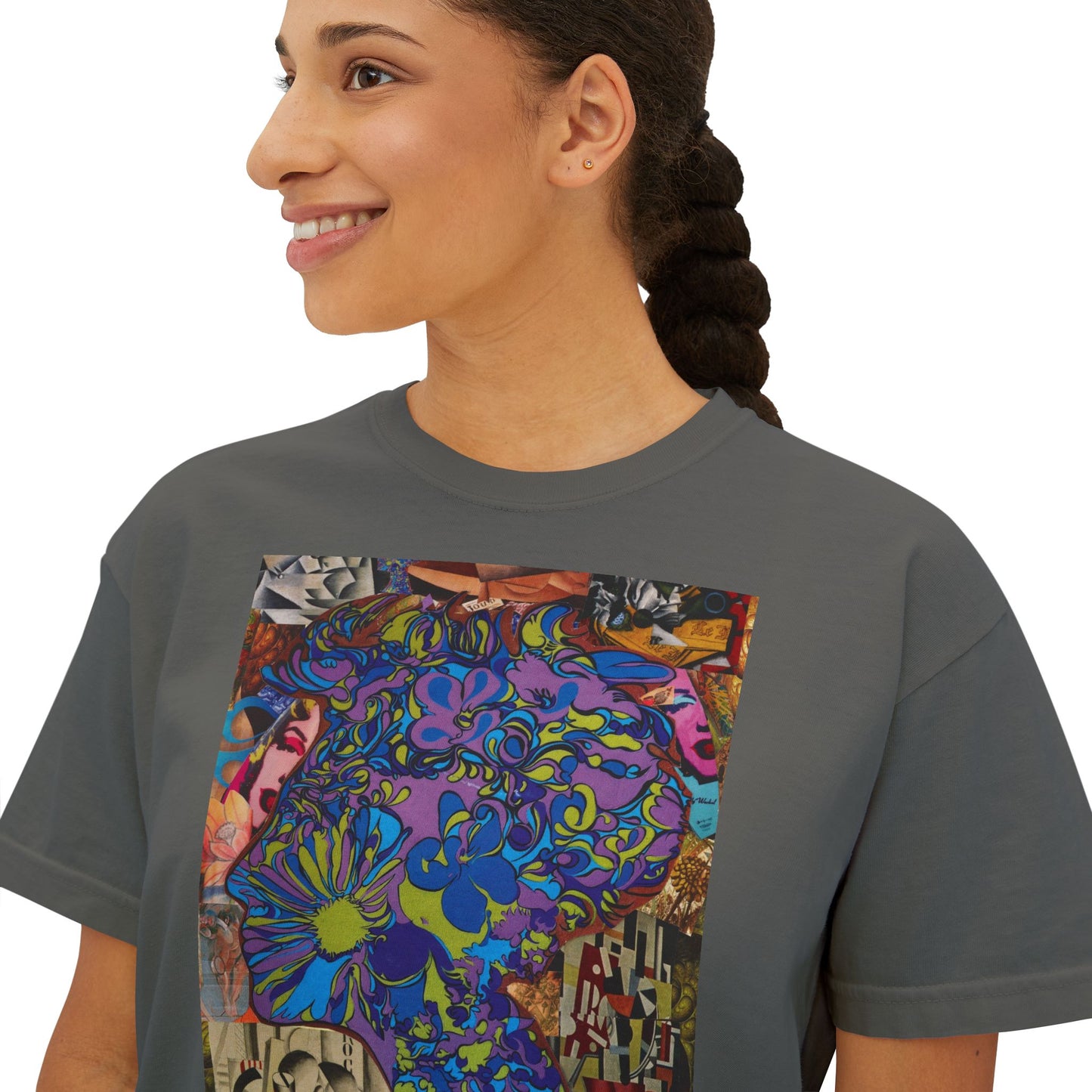 Purple Majesty Collage Artwork Women’s Boxy Tee — Abstract Collage Art Square Print