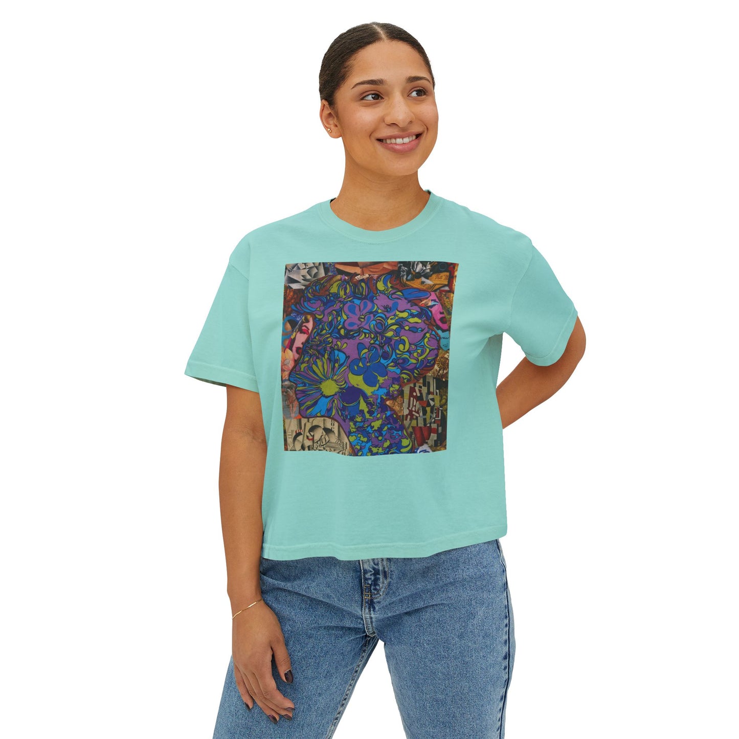 Purple Majesty Collage Artwork Women’s Boxy Tee — Abstract Collage Art Square Print