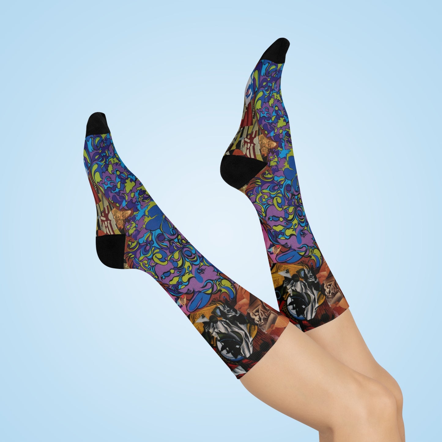 Purple Majesty Colorful Collage Crew Socks — Vibrant Abstract Art Cushion Socks