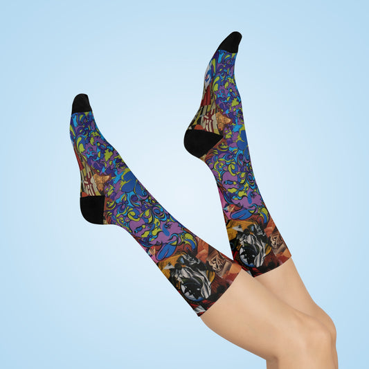 Purple Majesty Colorful Collage Crew Socks — Vibrant Abstract Art Cushion Socks