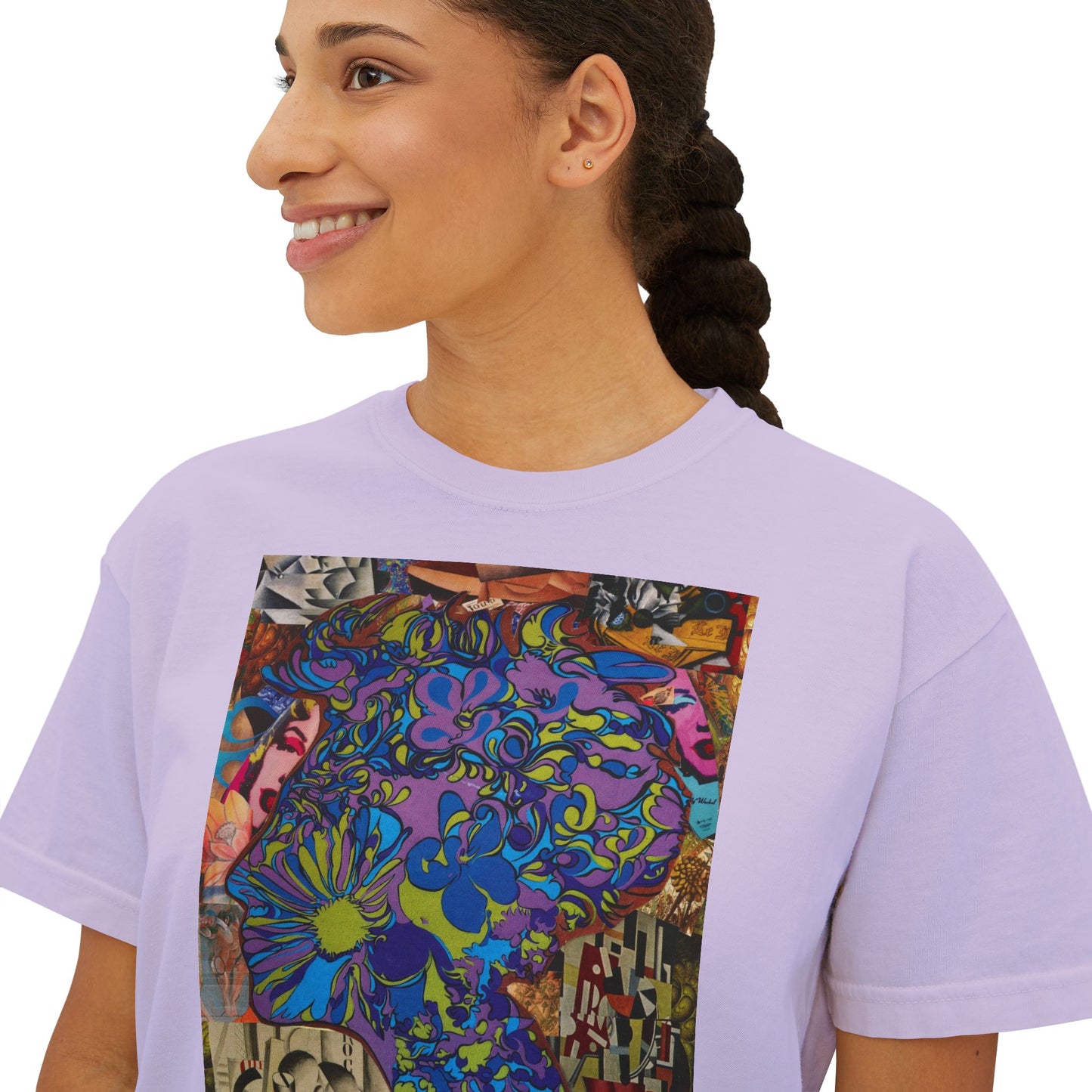 Purple Majesty Collage Artwork Women’s Boxy Tee — Abstract Collage Art Square Print