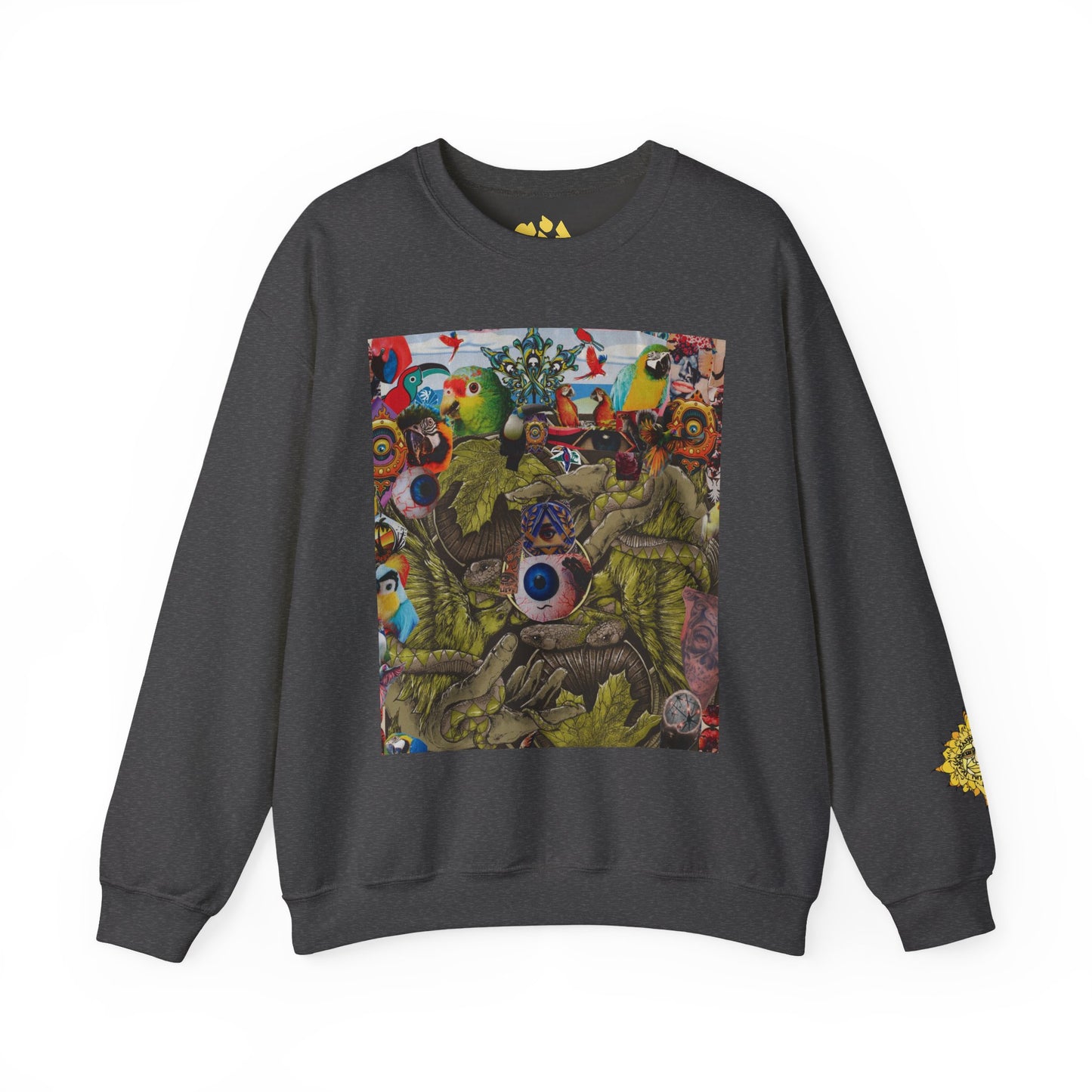 Apoda Surreal Parrot Garden Collage Sweatshirt — Psychedelic Bird Collage Crewneck