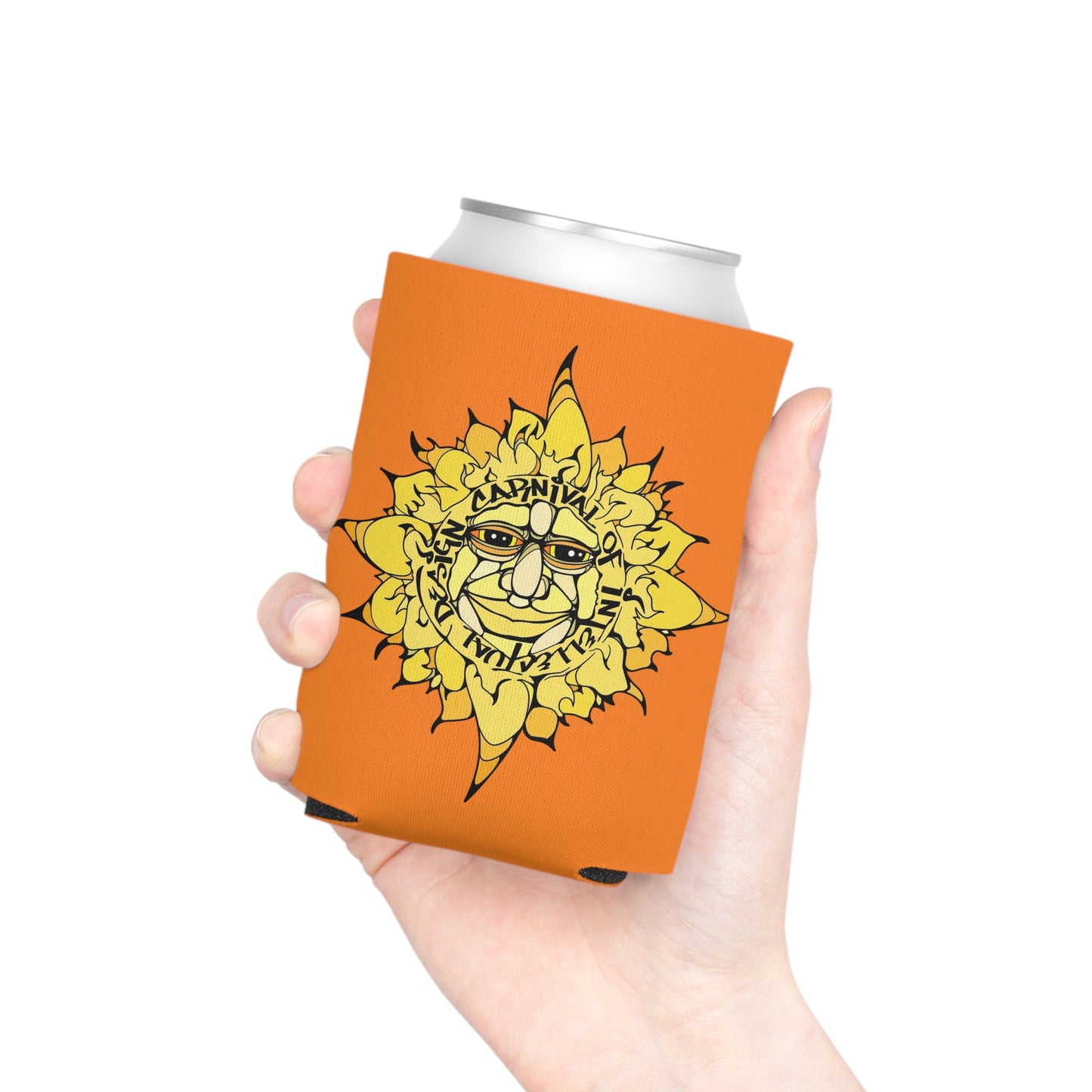 Sunface Can Cooler — Retro Yellow Sun Beverage Koozie