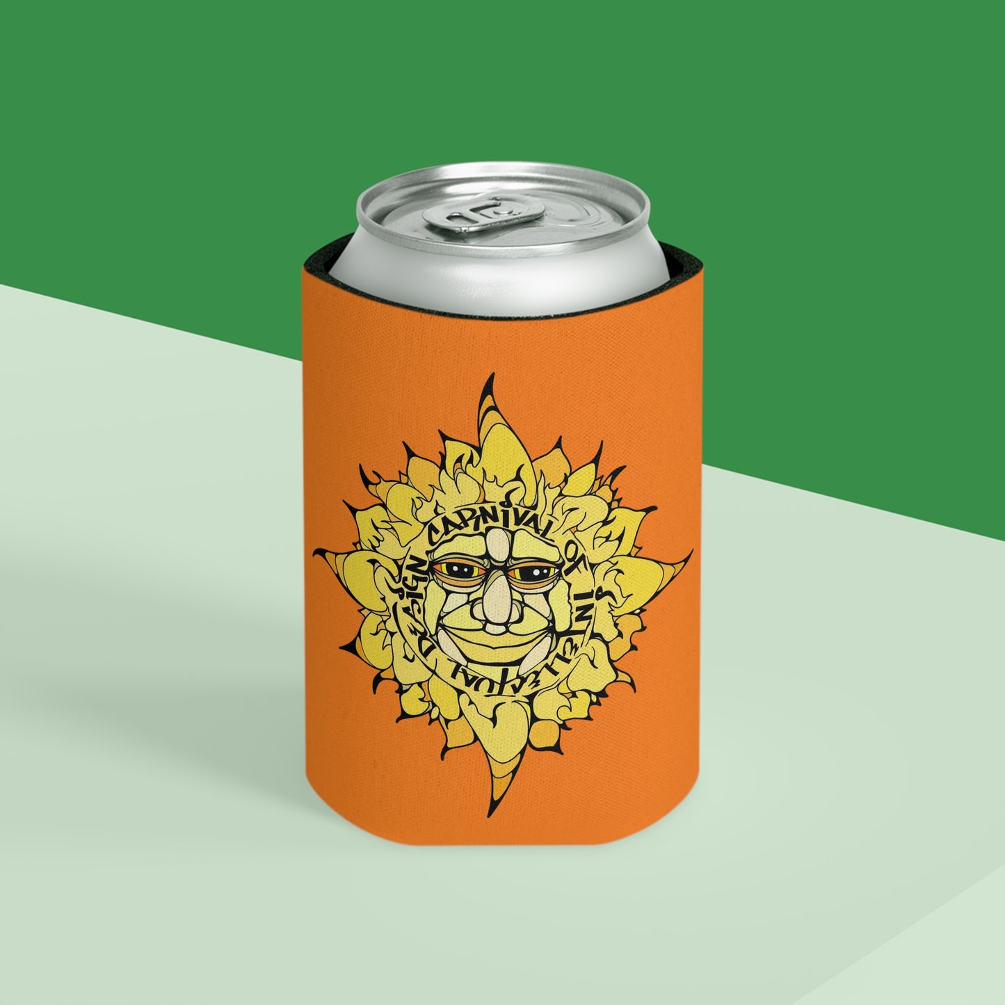 Sunface Can Cooler — Retro Yellow Sun Beverage Koozie