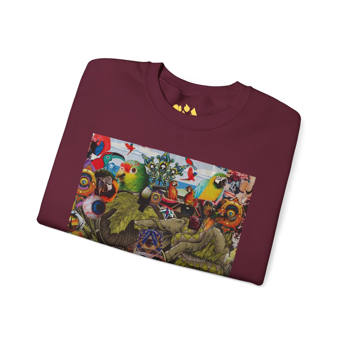 Apoda Surreal Parrot Garden Collage Sweatshirt — Psychedelic Bird Collage Crewneck