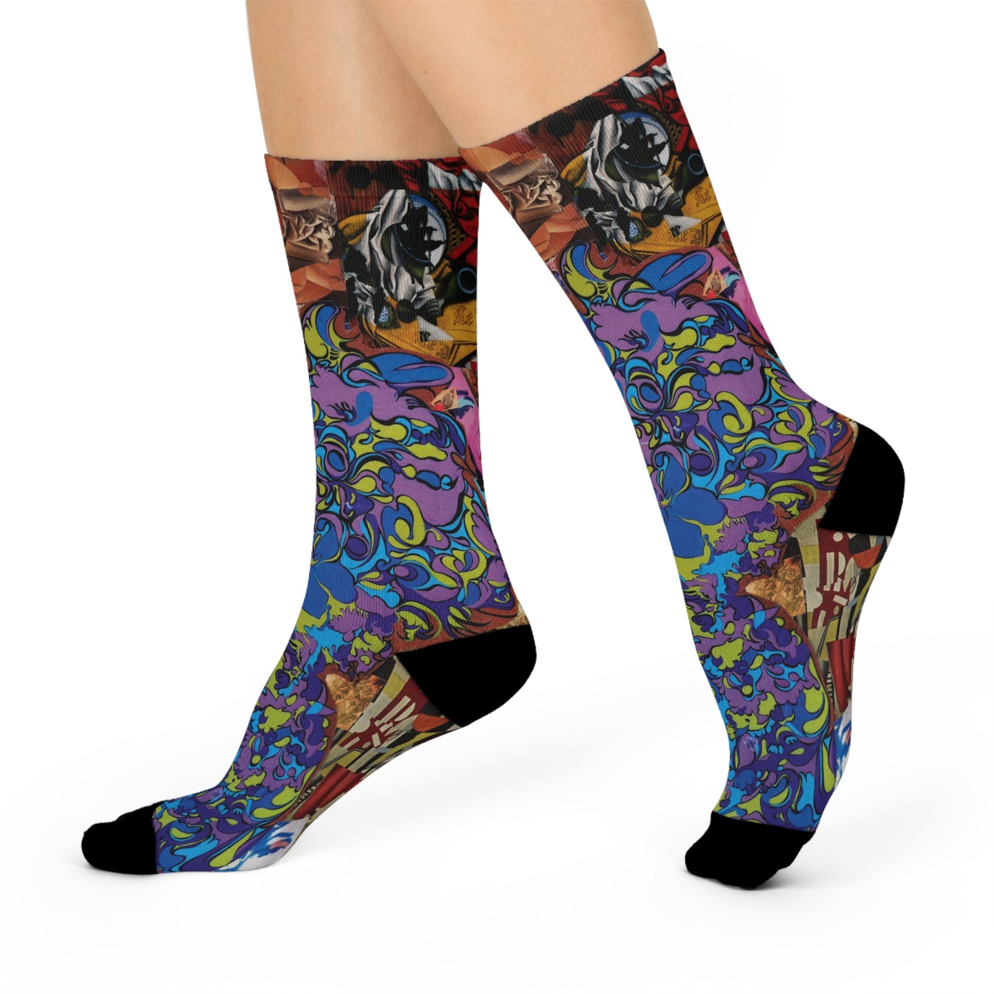 Purple Majesty Colorful Collage Crew Socks — Vibrant Abstract Art Cushion Socks
