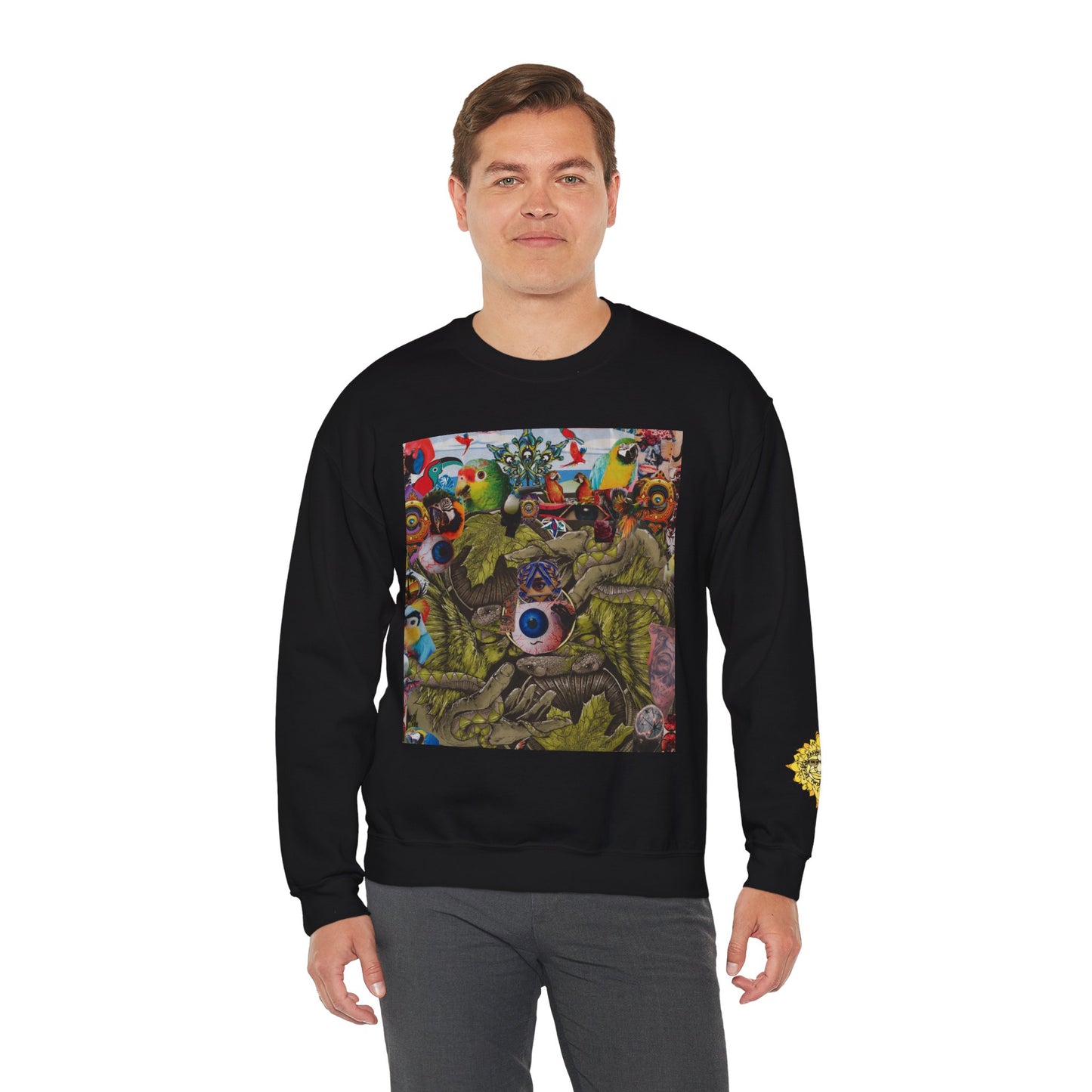 Apoda Surreal Parrot Garden Collage Sweatshirt — Psychedelic Bird Collage Crewneck
