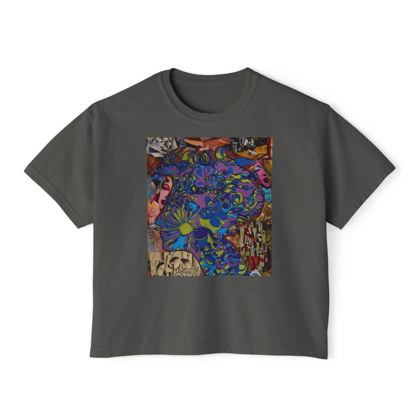 Purple Majesty Collage Artwork Women’s Boxy Tee — Abstract Collage Art Square Print