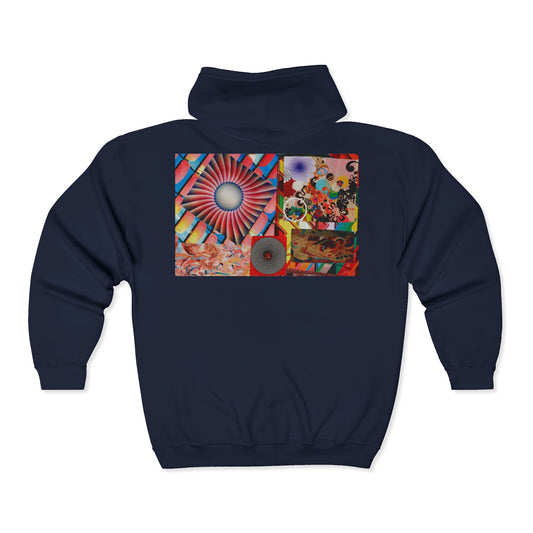 Psychedelic Collage Zip Hoodie — Retro Sunburst & Abstract Art Back Print