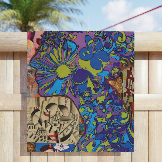 Majesty Psychedelic Floral Beach Towel — Retro Collage Hippie Wave Design