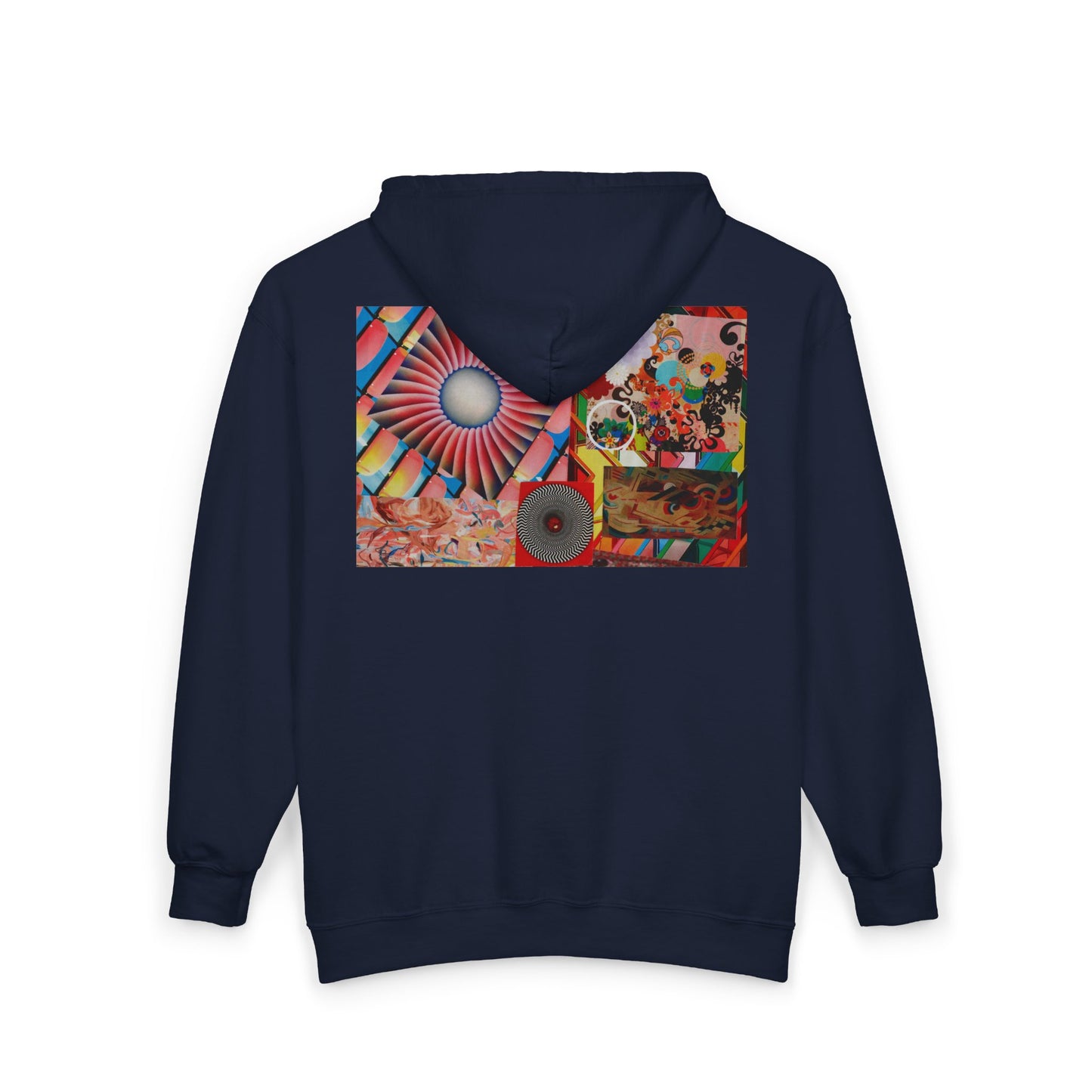 Psychedelic Collage Zip Hoodie — Retro Sunburst & Abstract Art Back Print