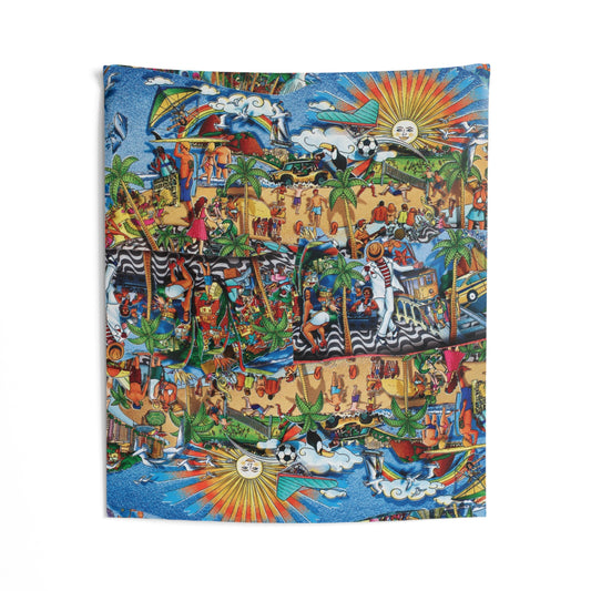 Florida Collage Artwork Tropical Beach Scene Tapestry — Colorful Hawaiian Surfing Wall Hanging
