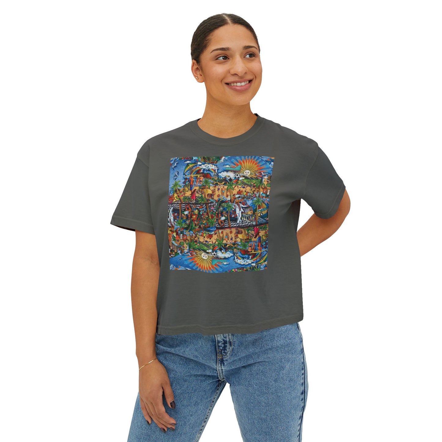 Florida Collage Artwork Women’s Boxy Tee — Abstract Collage Art Square Print