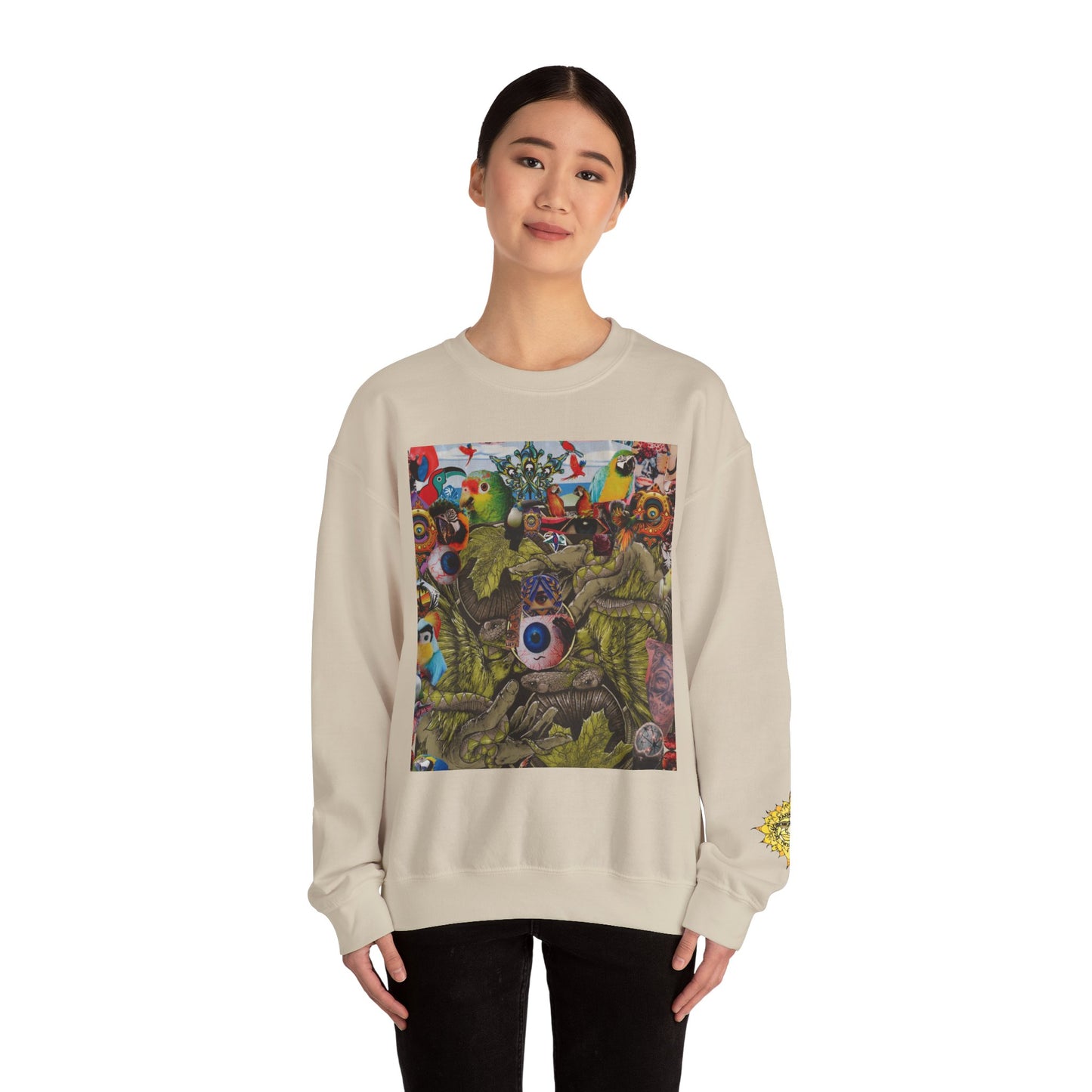Apoda Surreal Parrot Garden Collage Sweatshirt — Psychedelic Bird Collage Crewneck