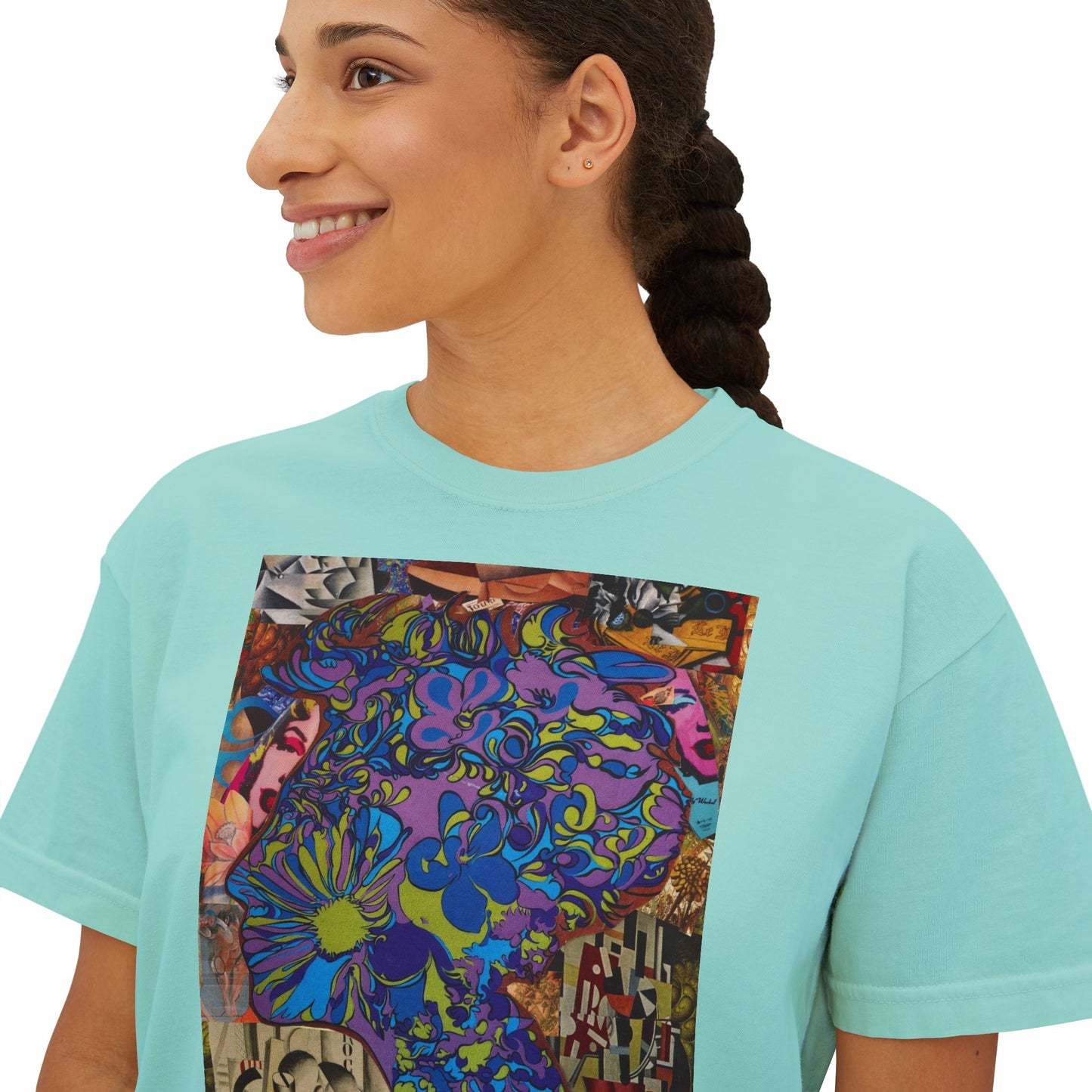 Purple Majesty Collage Artwork Women’s Boxy Tee — Abstract Collage Art Square Print