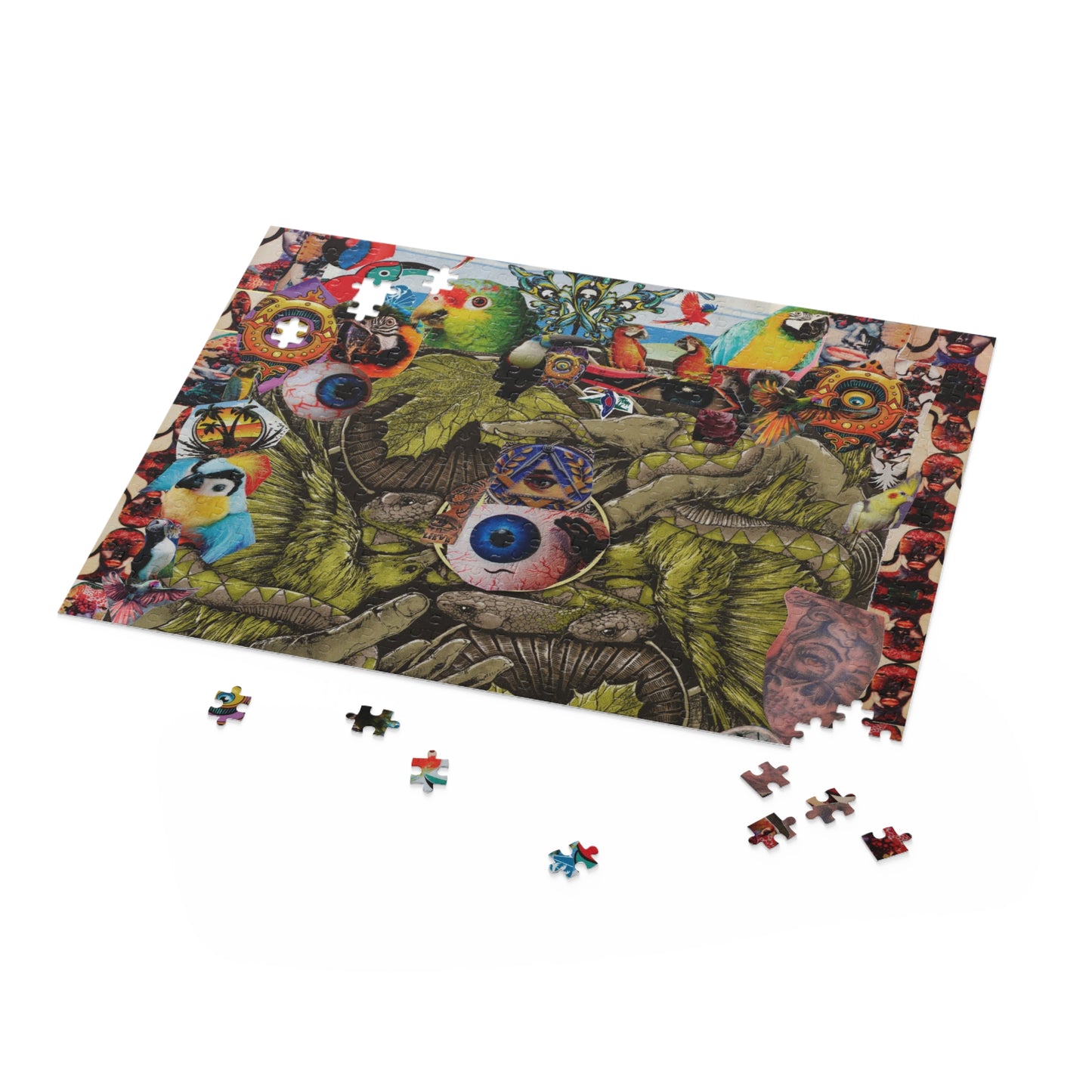 Apoda Collage Artwork Jigsaw Puzzle (120/252/500 Piece) — Eyeball & Parrot Art Puzzle