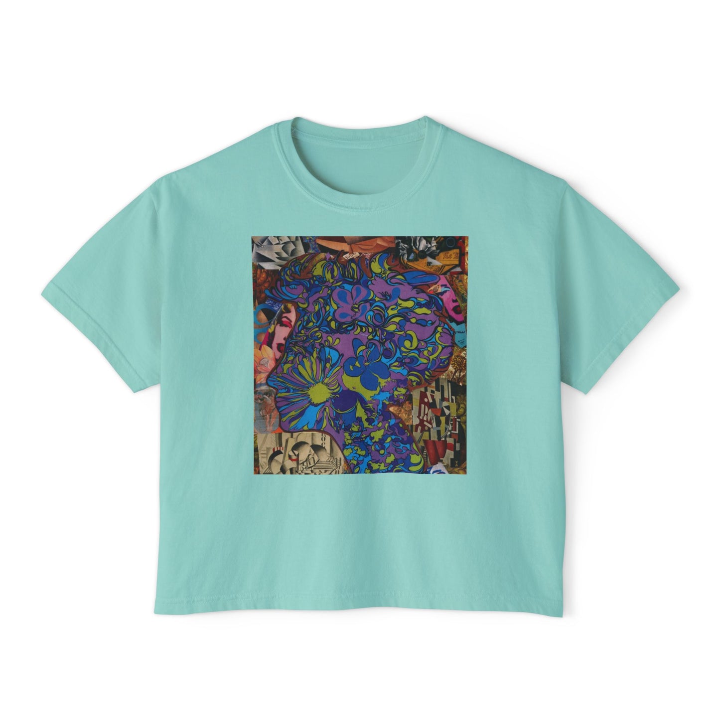 Purple Majesty Collage Artwork Women’s Boxy Tee — Abstract Collage Art Square Print