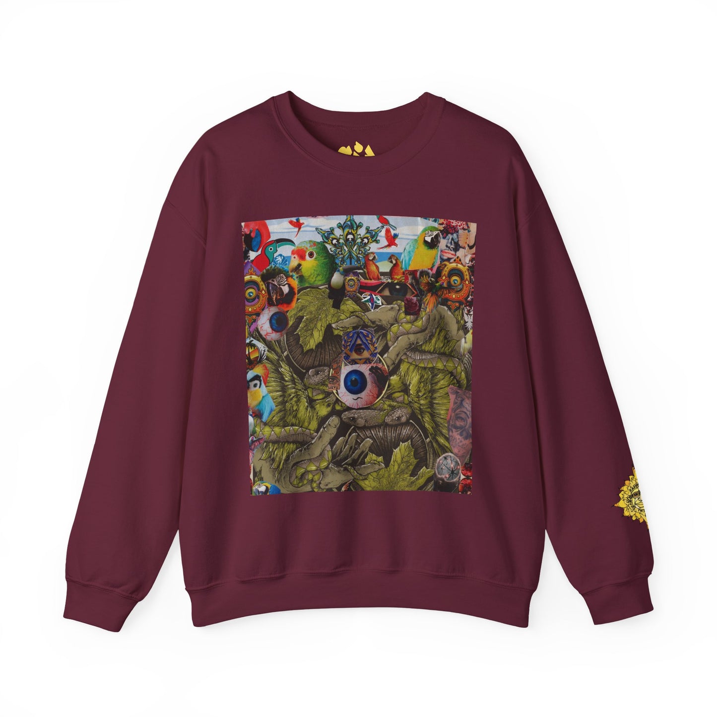 Apoda Surreal Parrot Garden Collage Sweatshirt — Psychedelic Bird Collage Crewneck