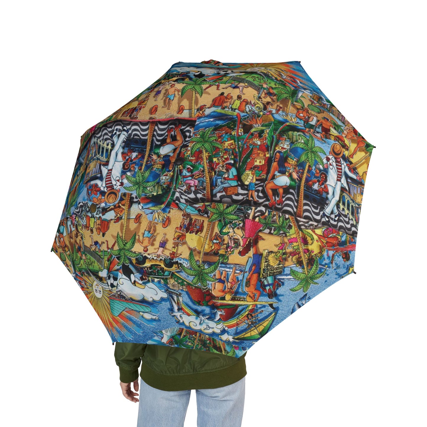 Florida Collage Artwork Tropical Beach Print Foldable Umbrella — Semi-Automatic Compact Travel Umbrella