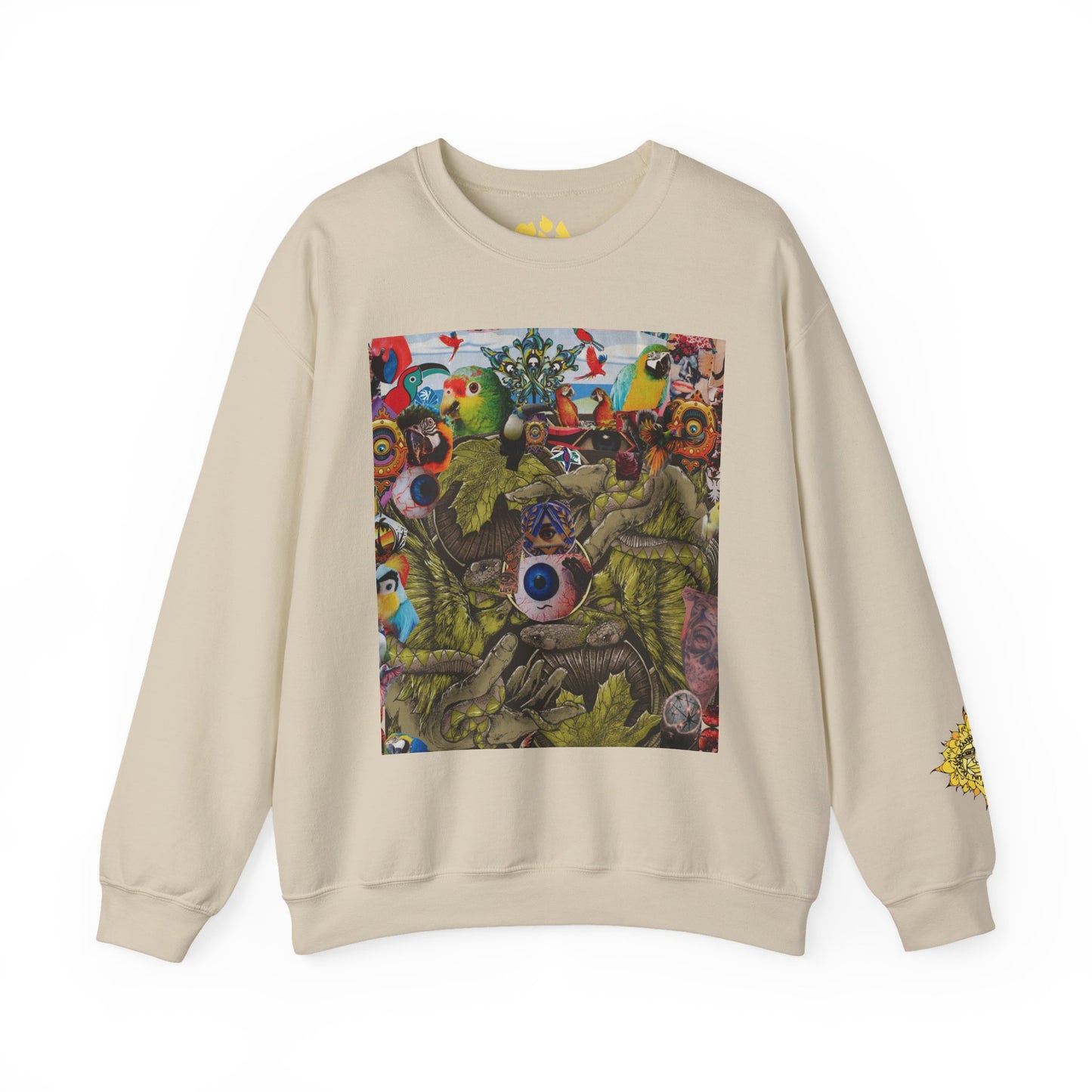 Apoda Surreal Parrot Garden Collage Sweatshirt — Psychedelic Bird Collage Crewneck