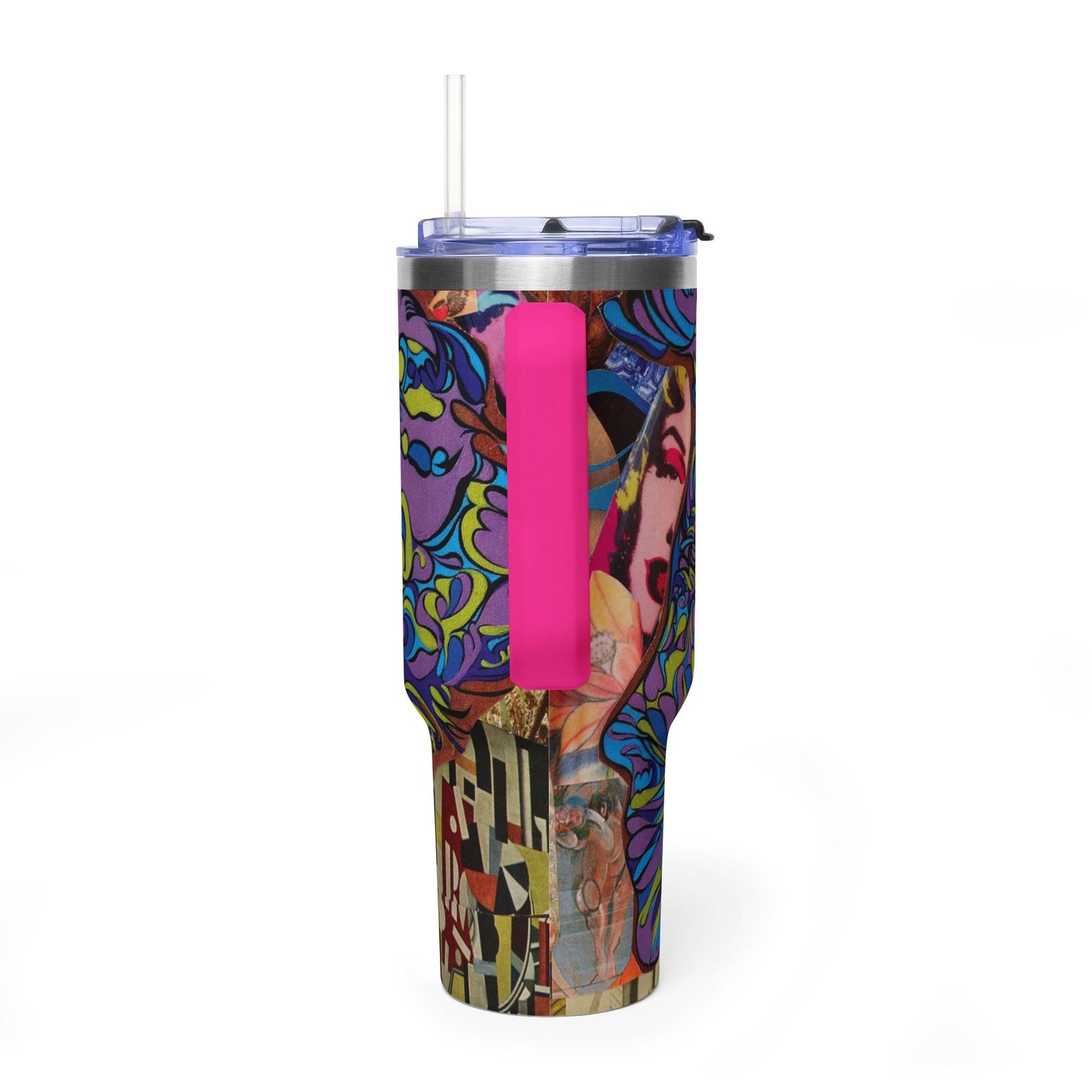 Majesty Collage Artwork 40oz Floral Psychedelic Tumbler - Colorful Retro Flower Vacuum Insulated Cup
