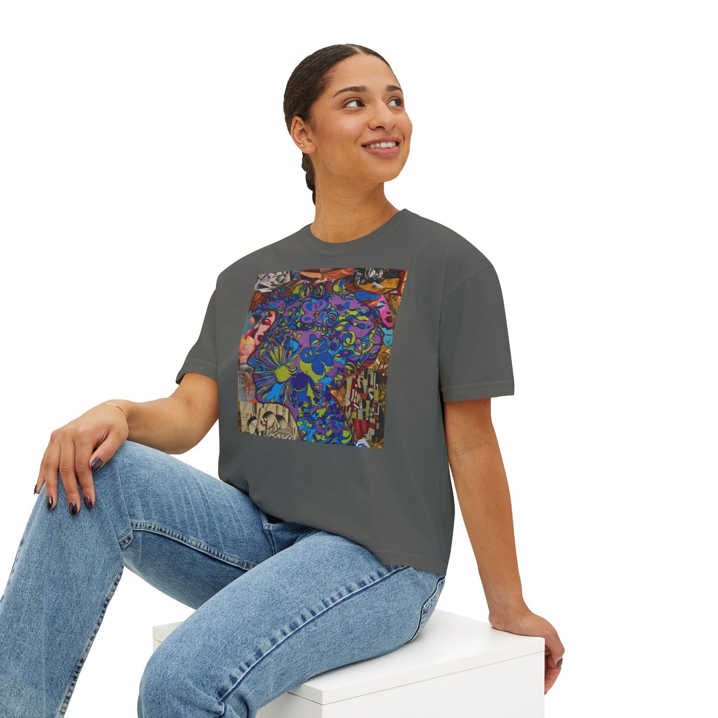Purple Majesty Collage Artwork Women’s Boxy Tee — Abstract Collage Art Square Print