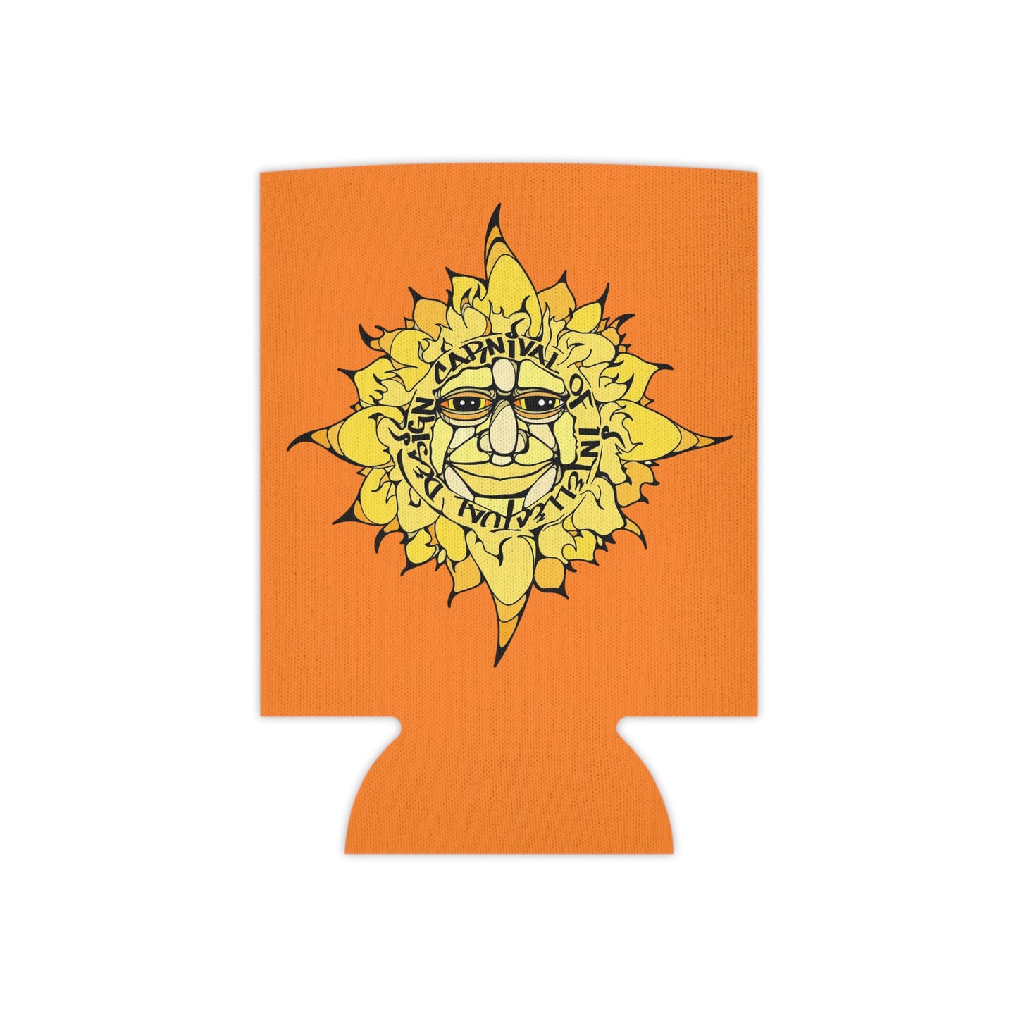 Sunface Can Cooler — Retro Yellow Sun Beverage Koozie