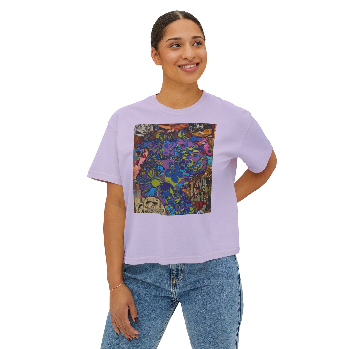 Purple Majesty Collage Artwork Women’s Boxy Tee — Abstract Collage Art Square Print