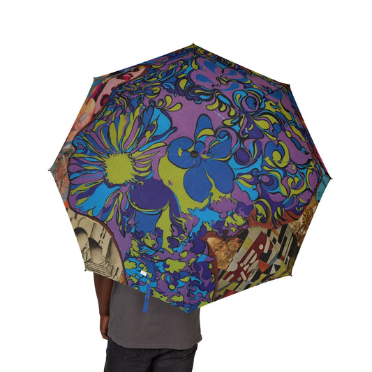 Majesty Collage Artwork Foldable Umbrella — Vibrant Psychedelic Floral Print, Compact Semi-Automatic Travel Umbrella