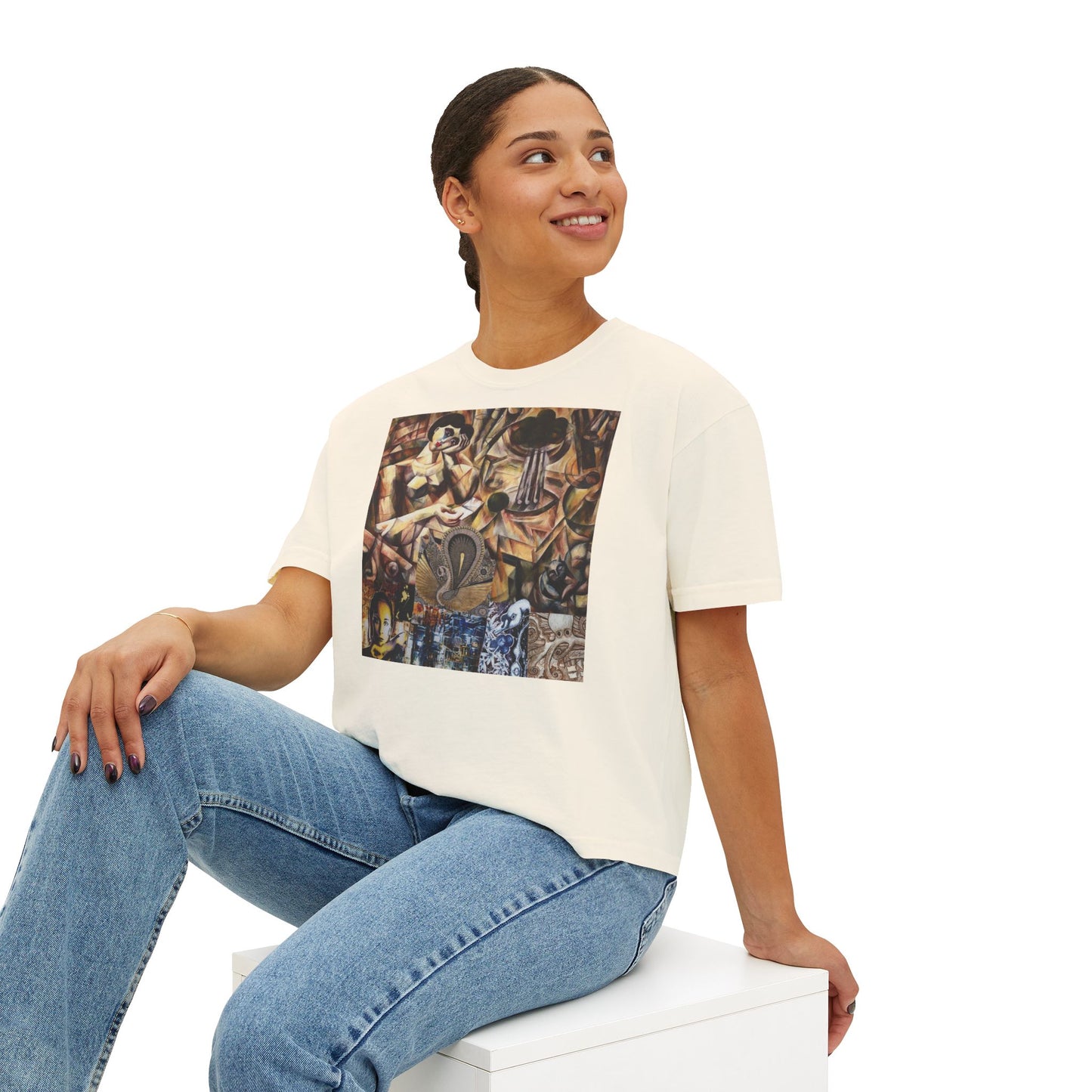 Margo Women’s Boxy Tee — Abstract Collage Art Square Print