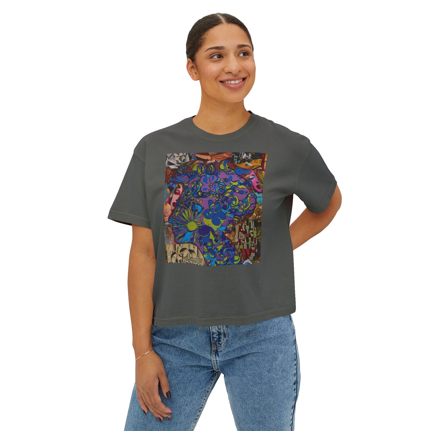 Purple Majesty Collage Artwork Women’s Boxy Tee — Abstract Collage Art Square Print