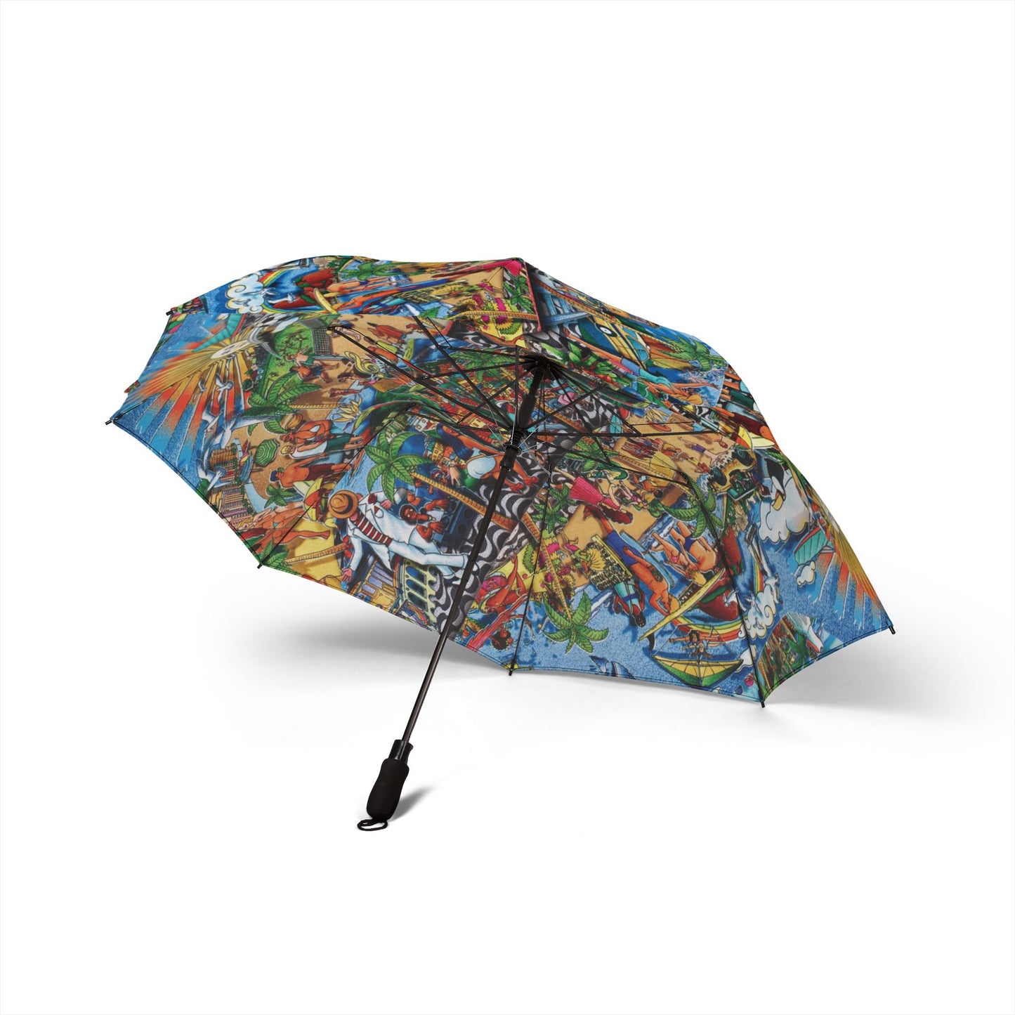 Florida Collage Artwork Tropical Beach Print Foldable Umbrella — Semi-Automatic Compact Travel Umbrella