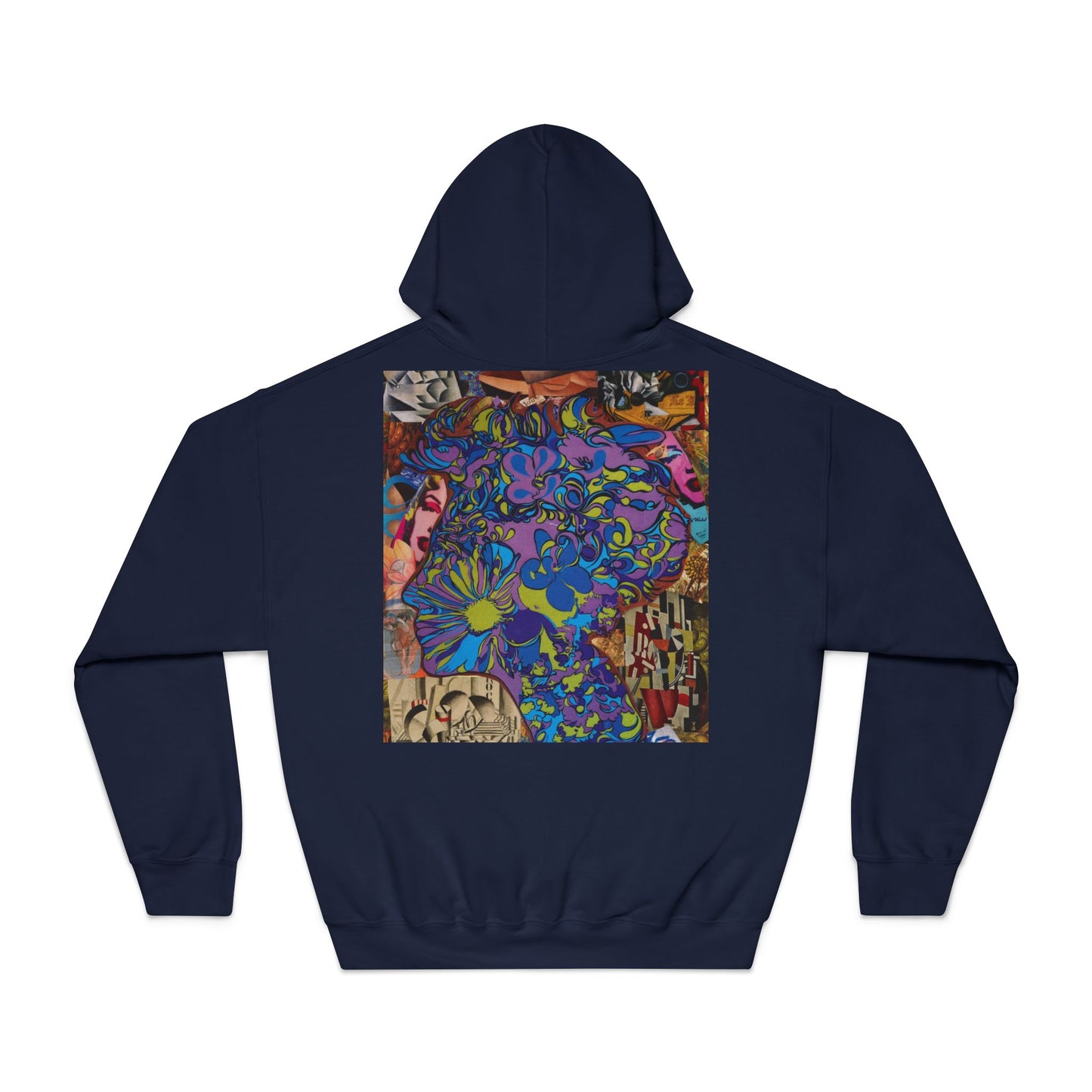 Psychedelic Floral Art Hoodie - Vibrant Blue Flower Collage Back Print