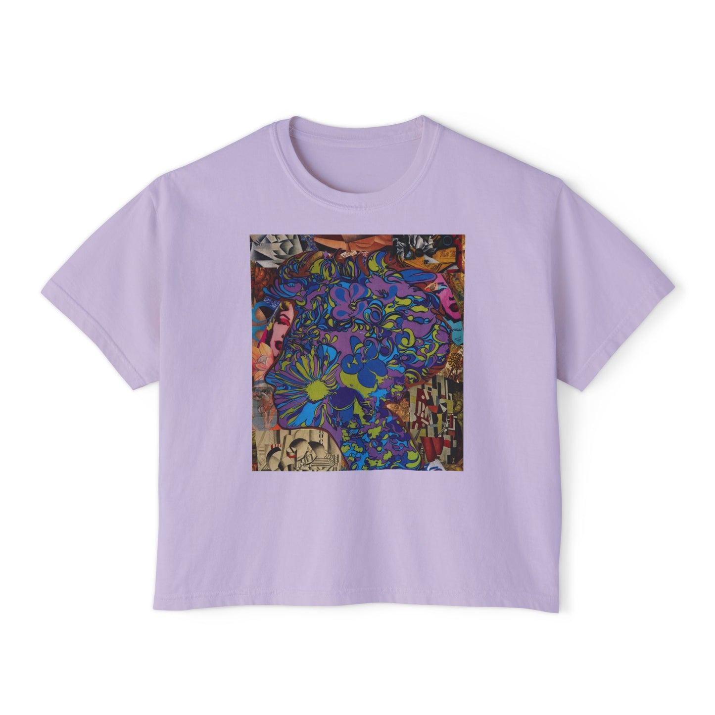 Purple Majesty Collage Artwork Women’s Boxy Tee — Abstract Collage Art Square Print