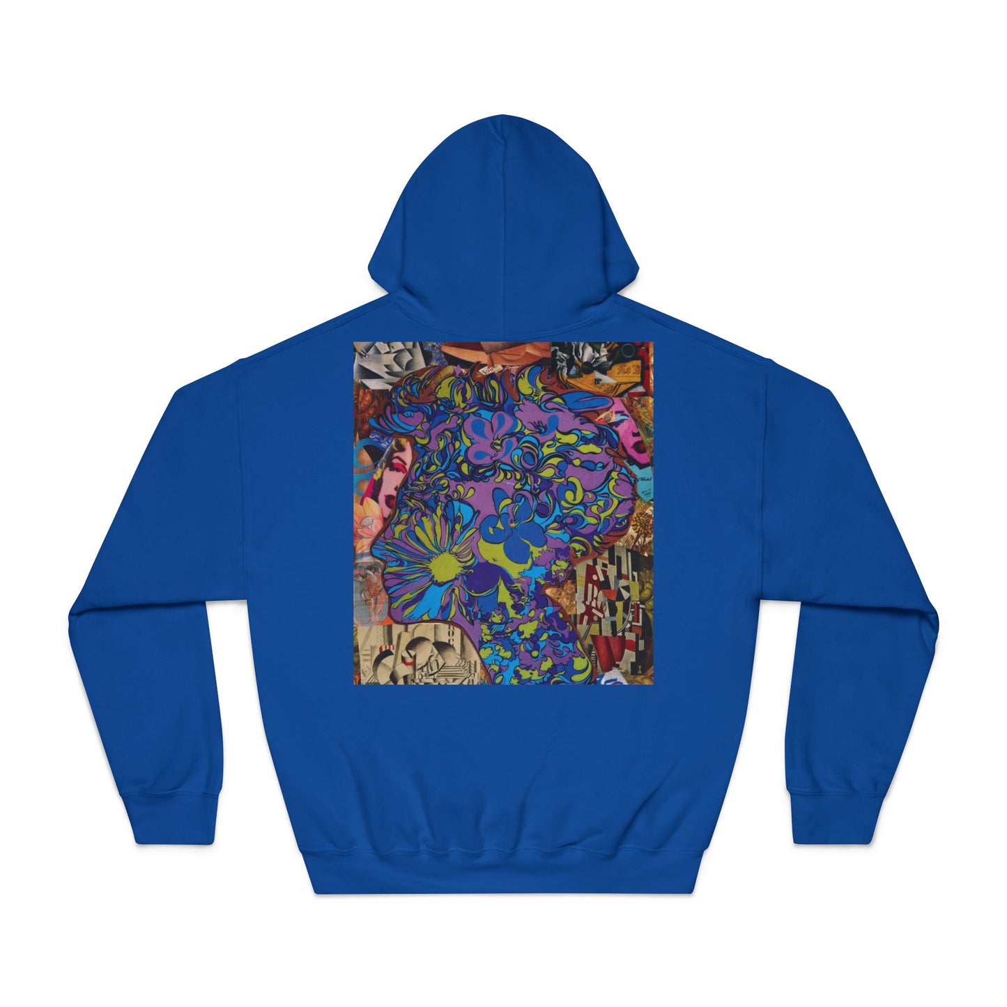 Psychedelic Floral Art Hoodie - Vibrant Blue Flower Collage Back Print