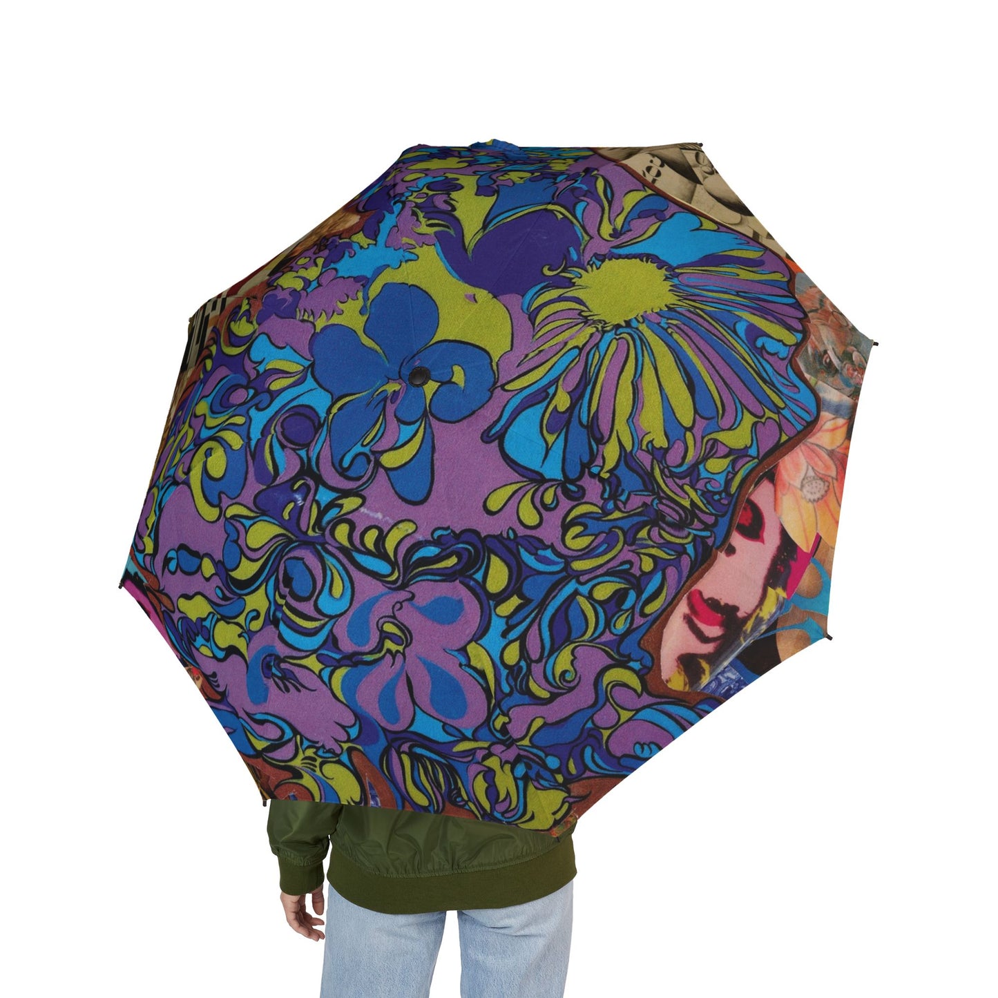 Majesty Collage Artwork Foldable Umbrella — Vibrant Psychedelic Floral Print, Compact Semi-Automatic Travel Umbrella