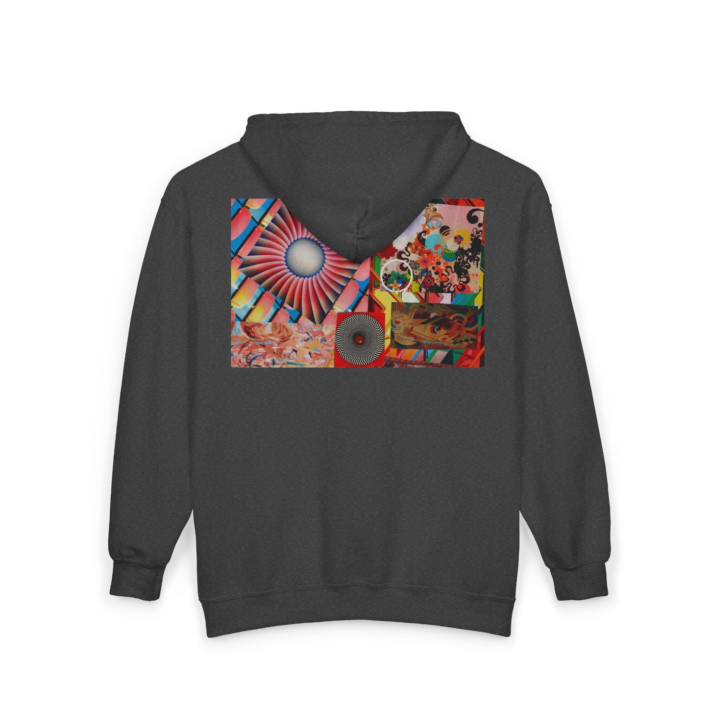 Psychedelic Collage Zip Hoodie — Retro Sunburst & Abstract Art Back Print