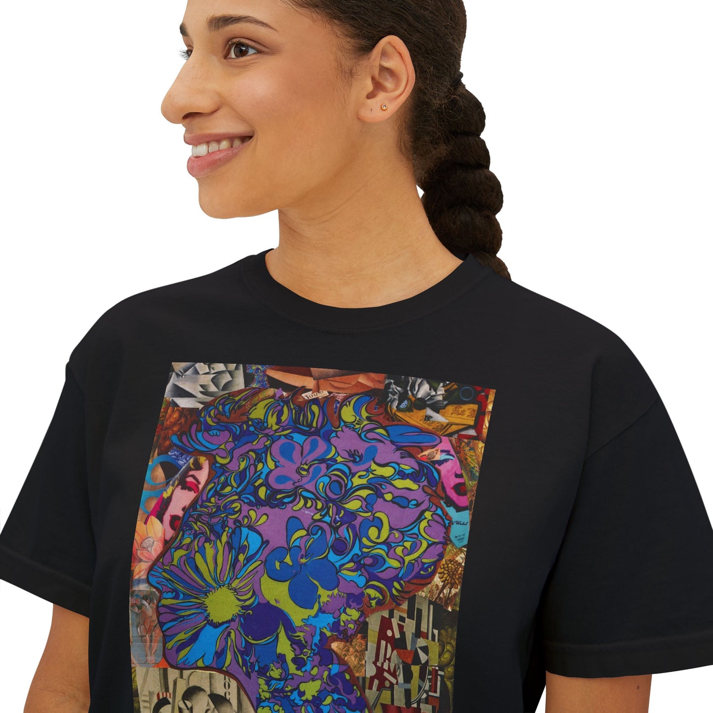 Purple Majesty Collage Artwork Women’s Boxy Tee — Abstract Collage Art Square Print
